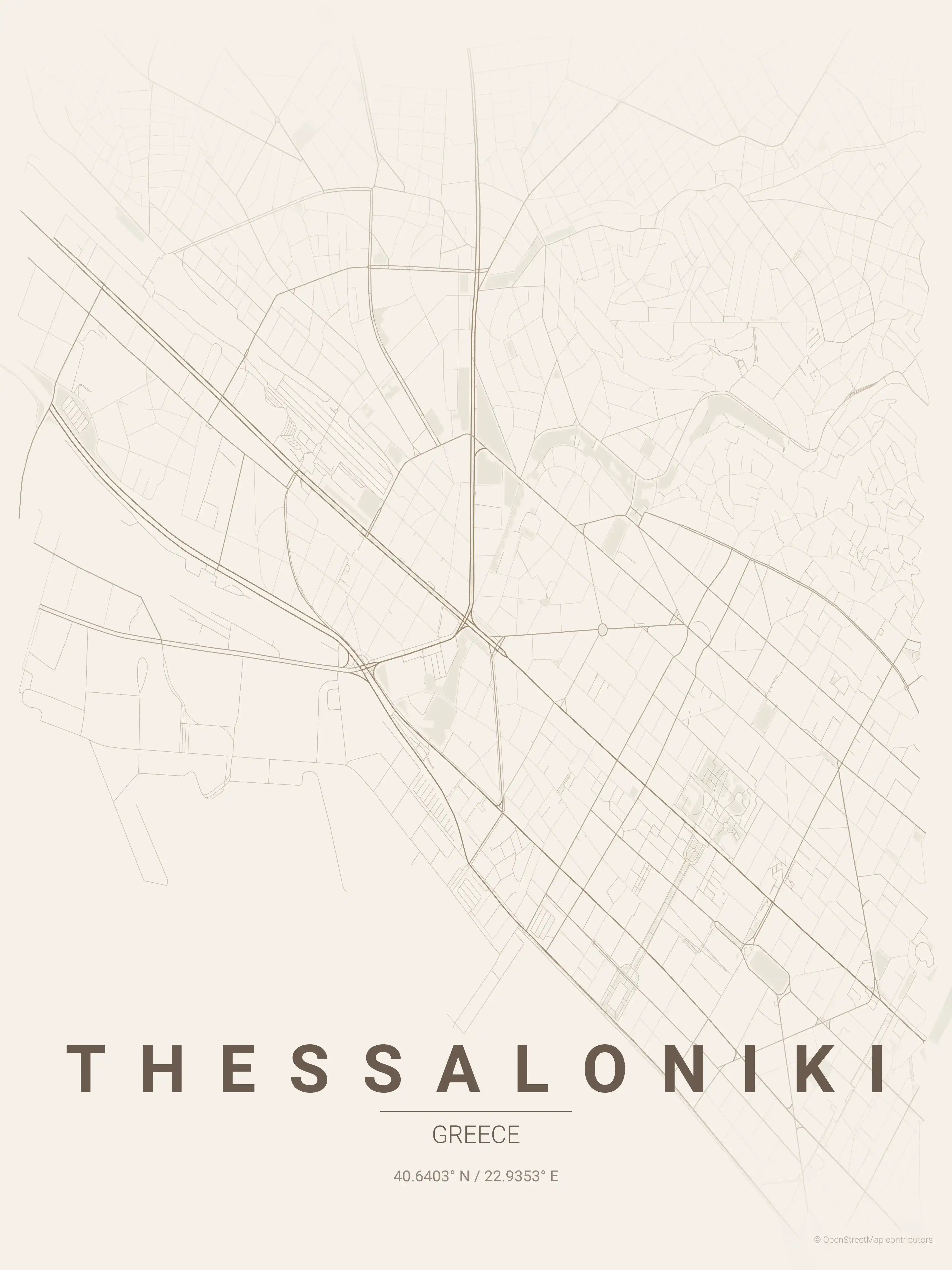 Minimalist warm_beige street map of Thessaloniki, Greece - Urban grid art