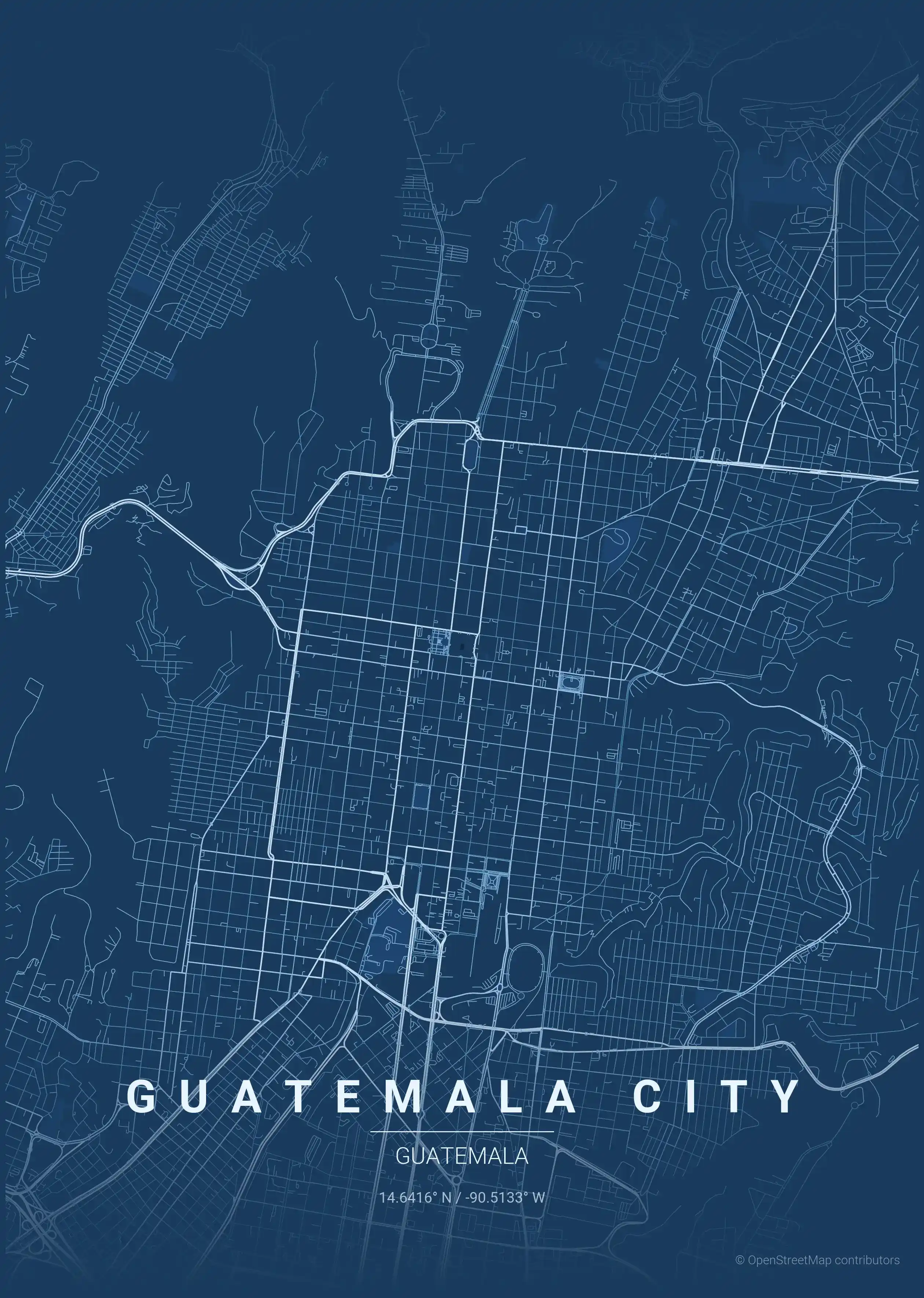 Minimalist blueprint street map of Guatemala City, Guatemala - Urban grid art