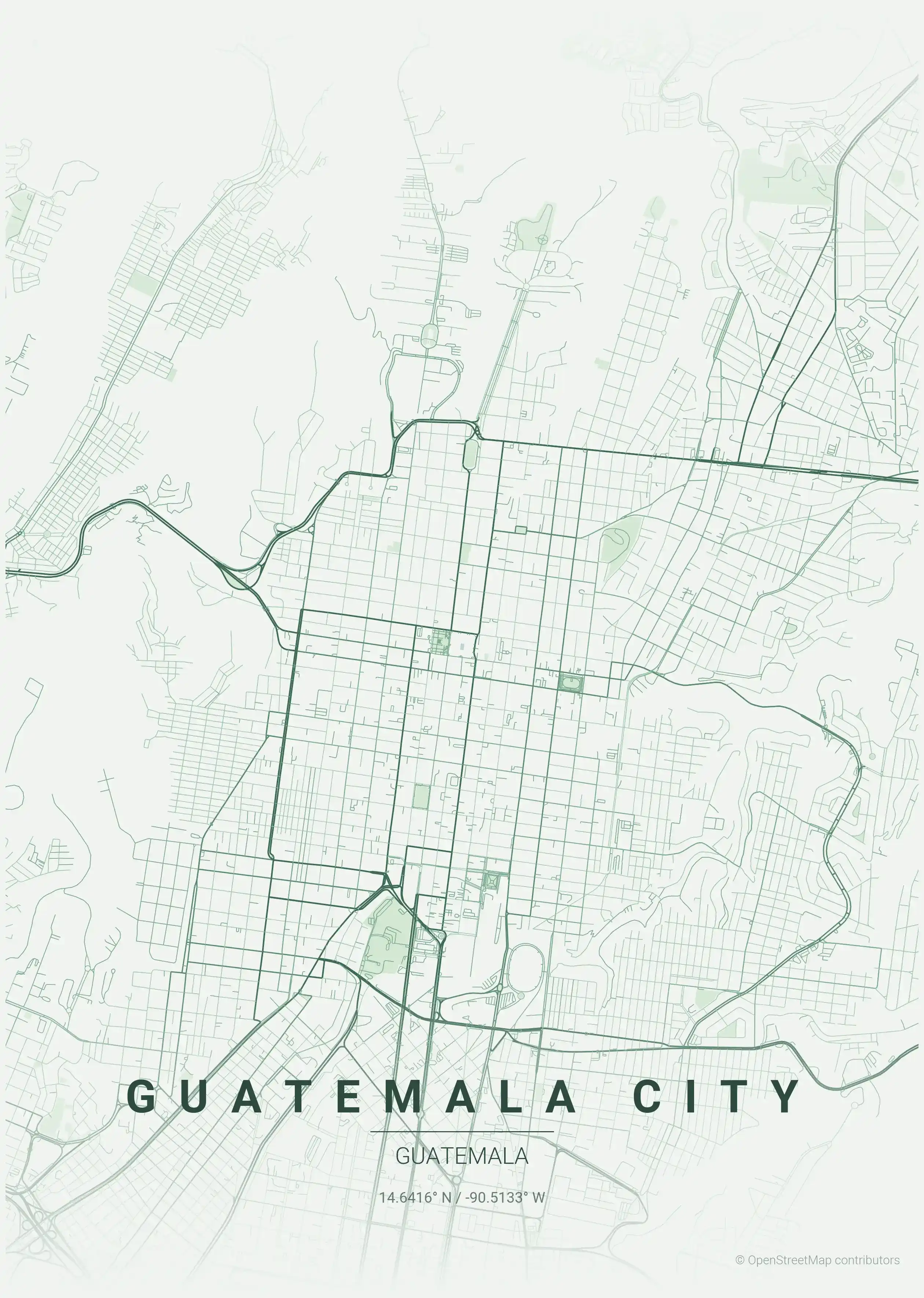 Minimalist forest street map of Guatemala City, Guatemala - Urban grid art