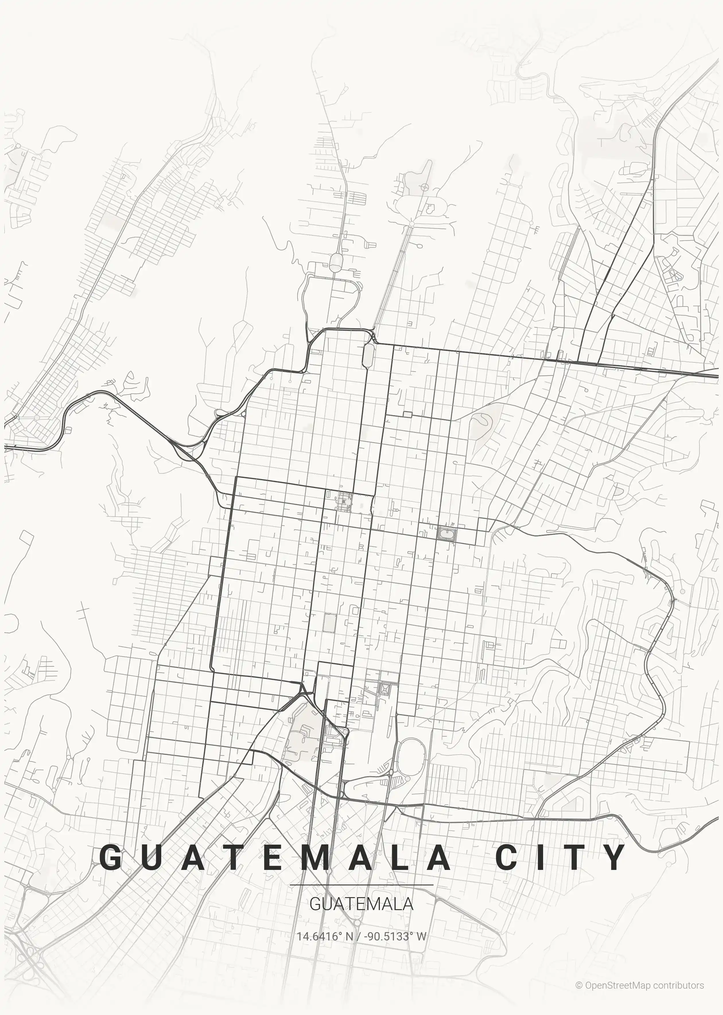 Minimalist japanese_ink street map of Guatemala City, Guatemala - Urban grid art