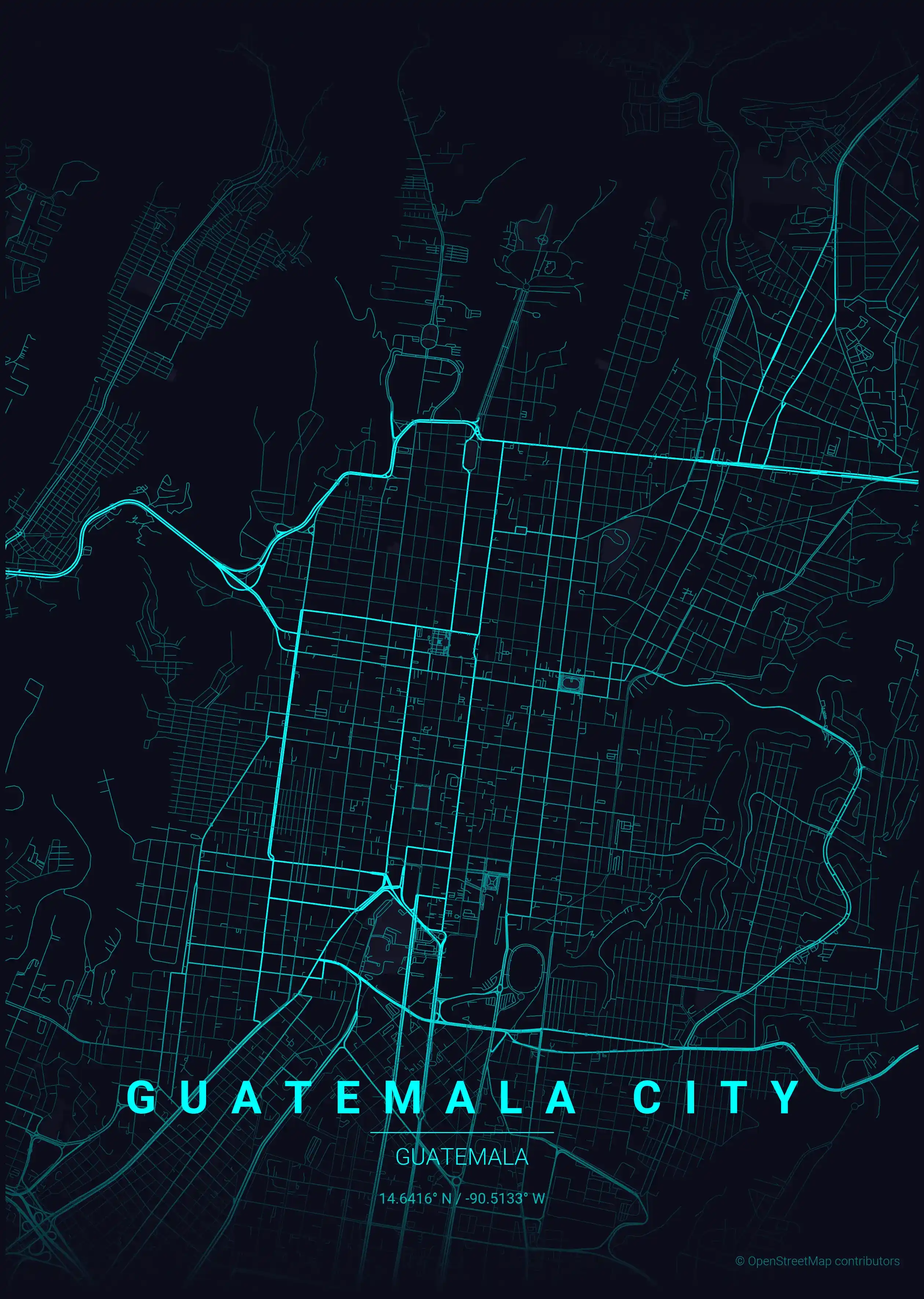 Minimalist neon_cyberpunk street map of Guatemala City, Guatemala - Urban grid art