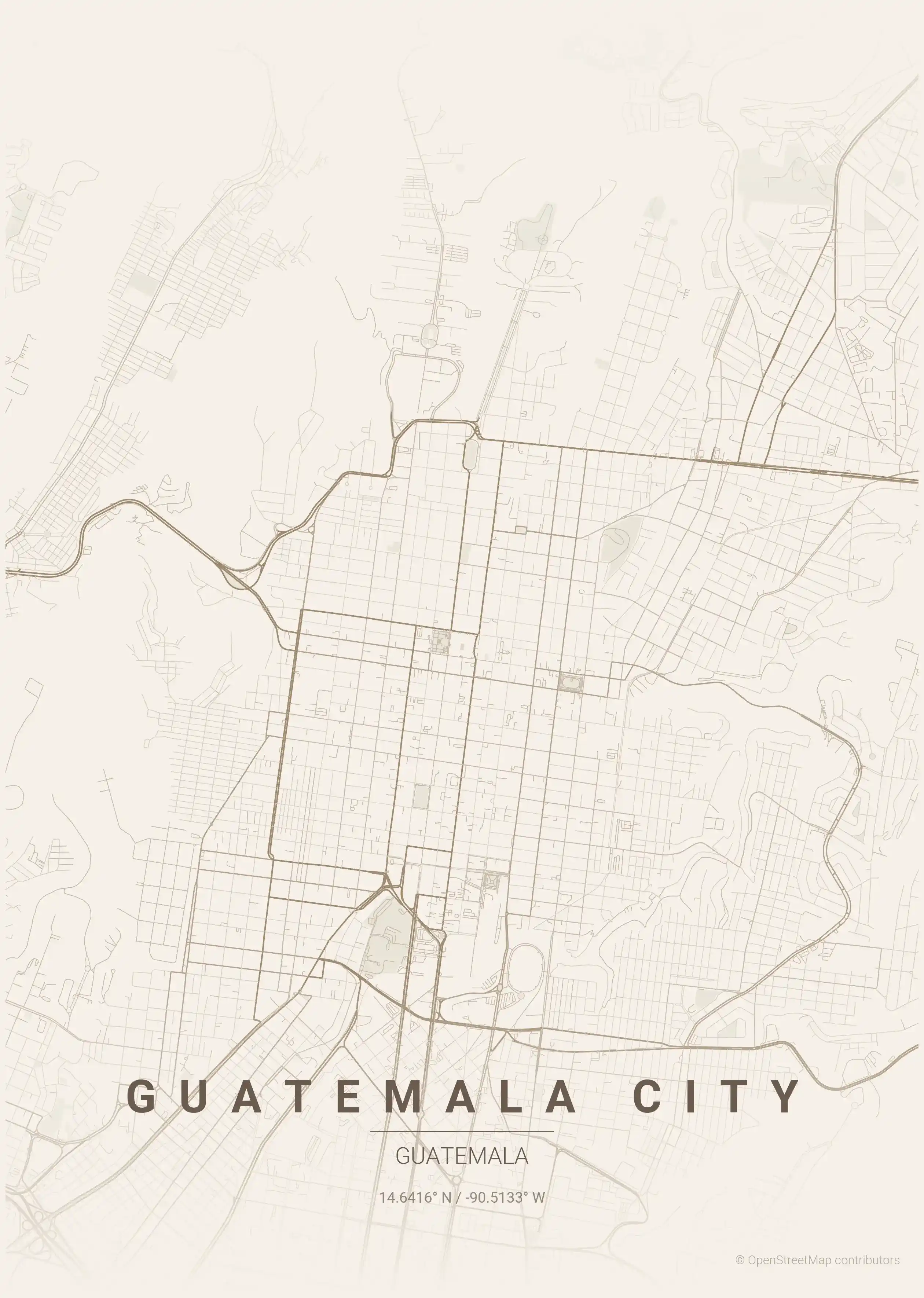 Minimalist warm_beige street map of Guatemala City, Guatemala - Urban grid art
