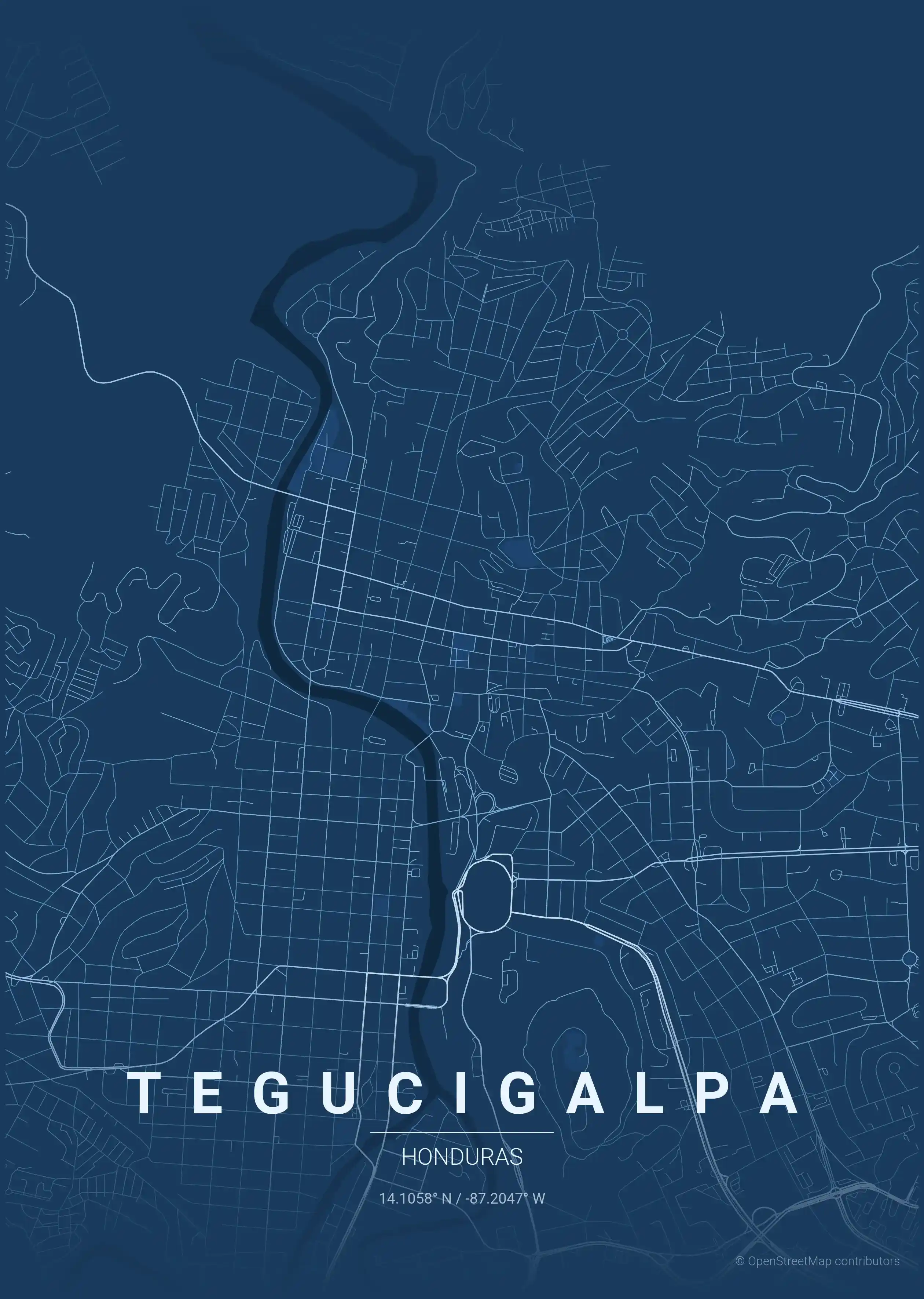 Minimalist blueprint street map of Tegucigalpa, Honduras - Urban grid art