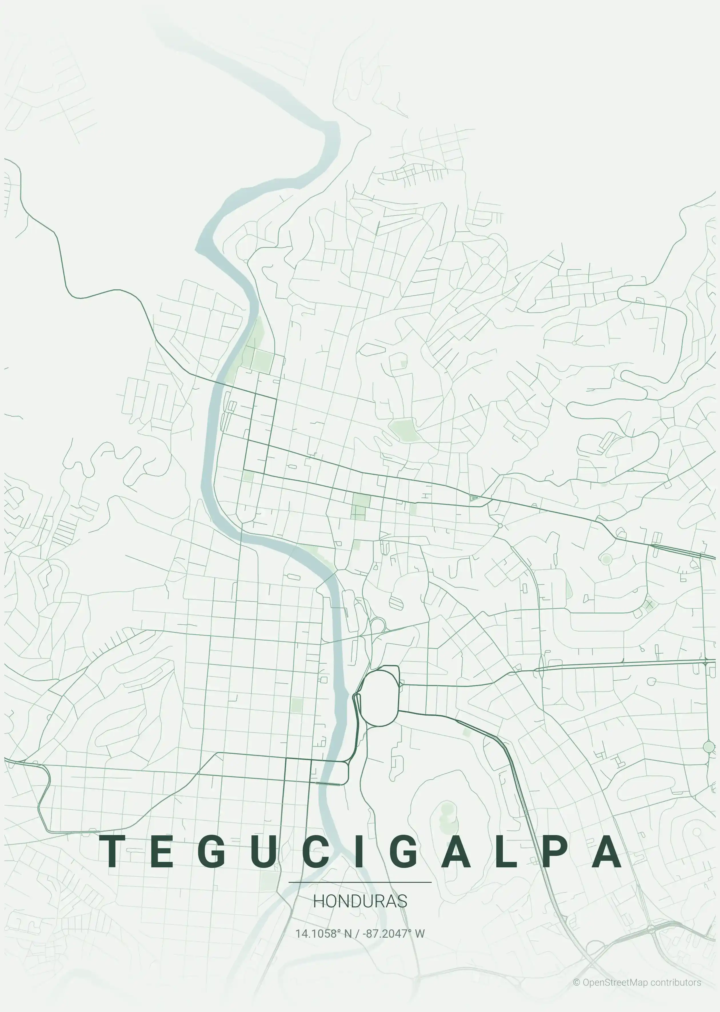 Minimalist forest street map of Tegucigalpa, Honduras - Urban grid art