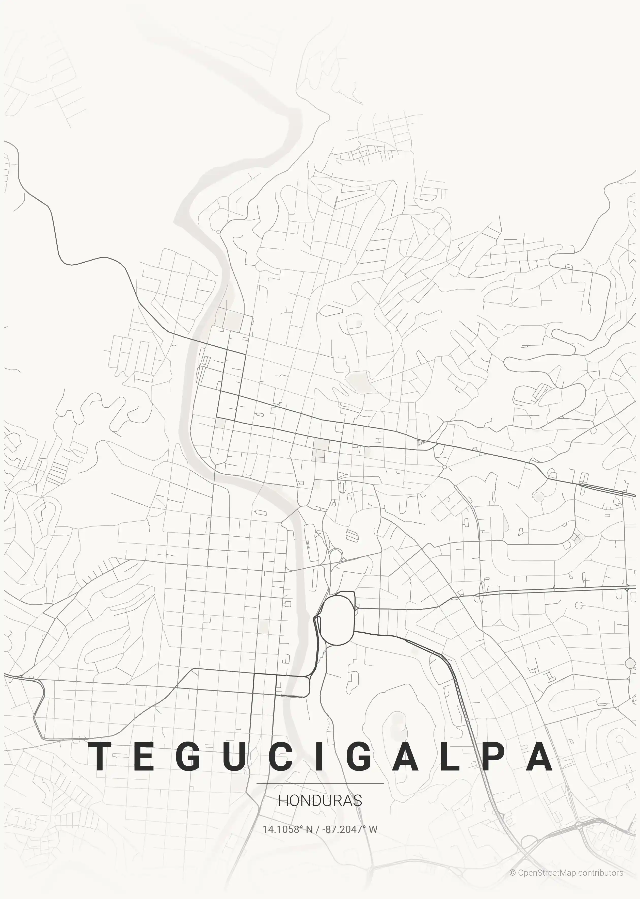 Minimalist japanese_ink street map of Tegucigalpa, Honduras - Urban grid art