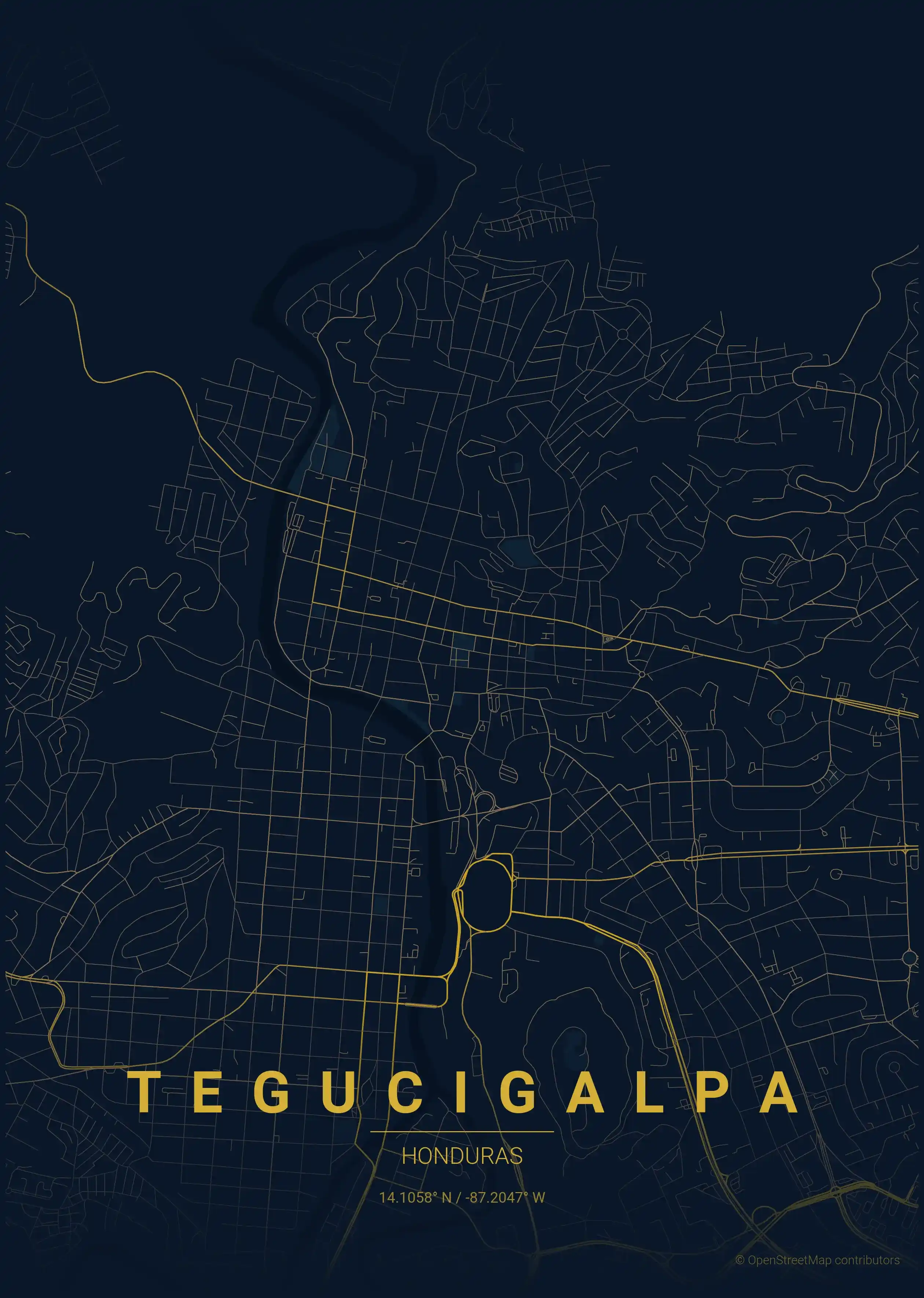 Minimalist midnight_blue street map of Tegucigalpa, Honduras - Urban grid art