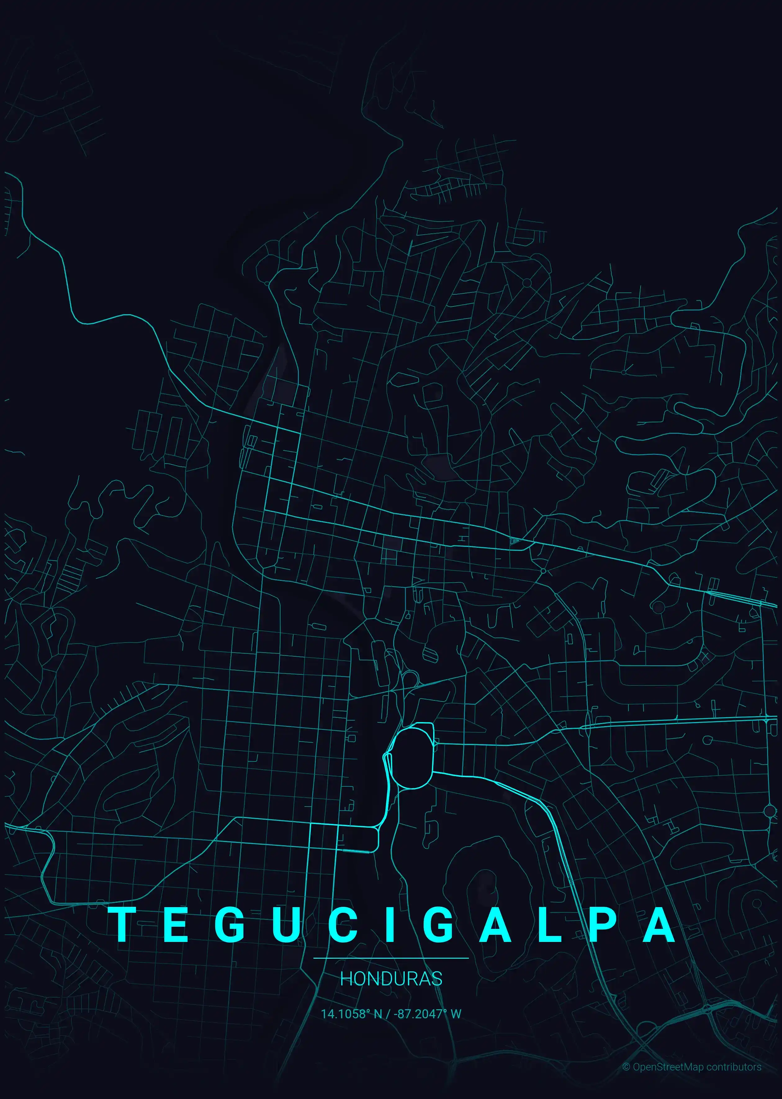 Minimalist neon_cyberpunk street map of Tegucigalpa, Honduras - Urban grid art