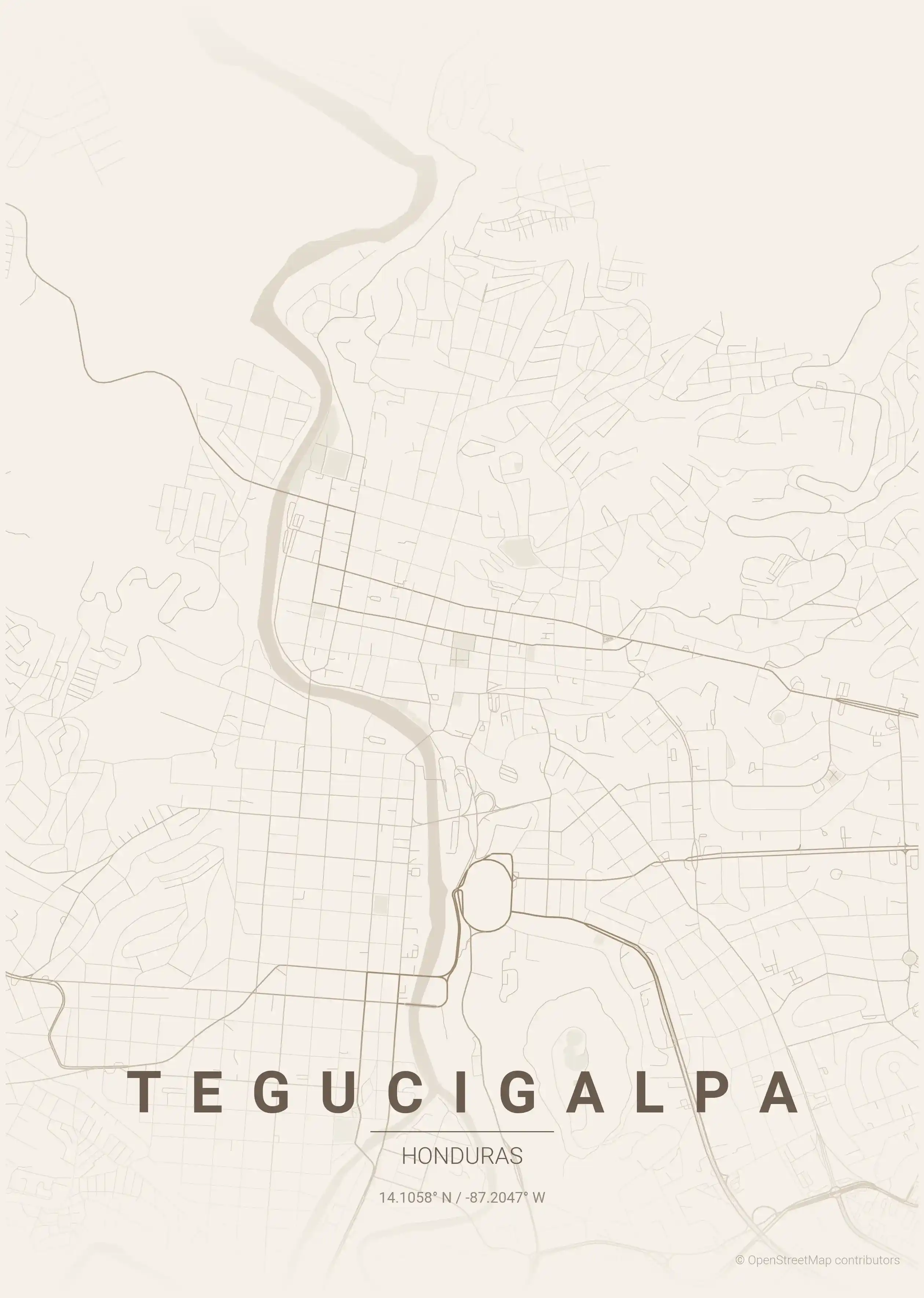 Minimalist warm_beige street map of Tegucigalpa, Honduras - Urban grid art