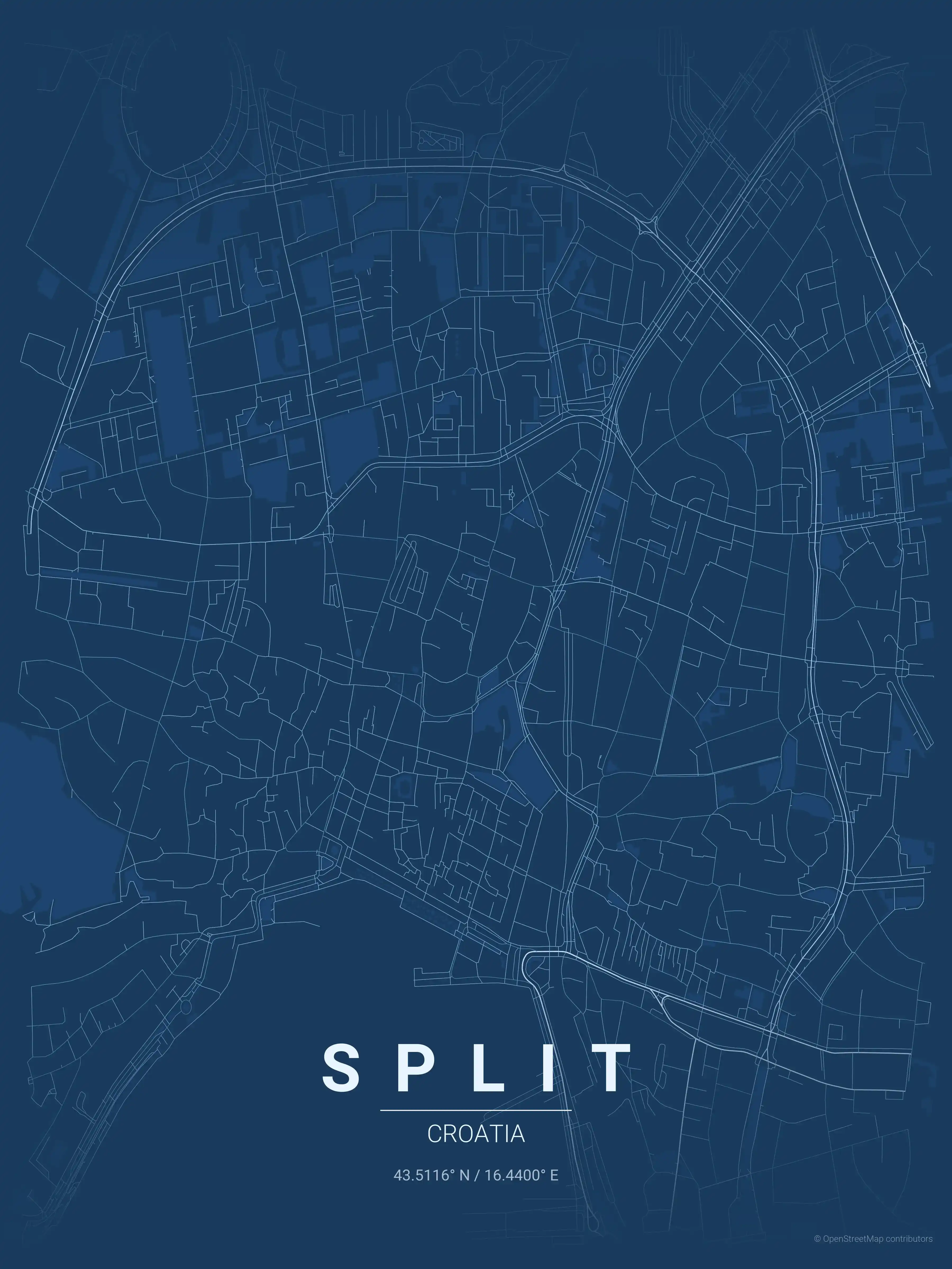 Minimalist blueprint street map of Split, Croatia - Urban grid art
