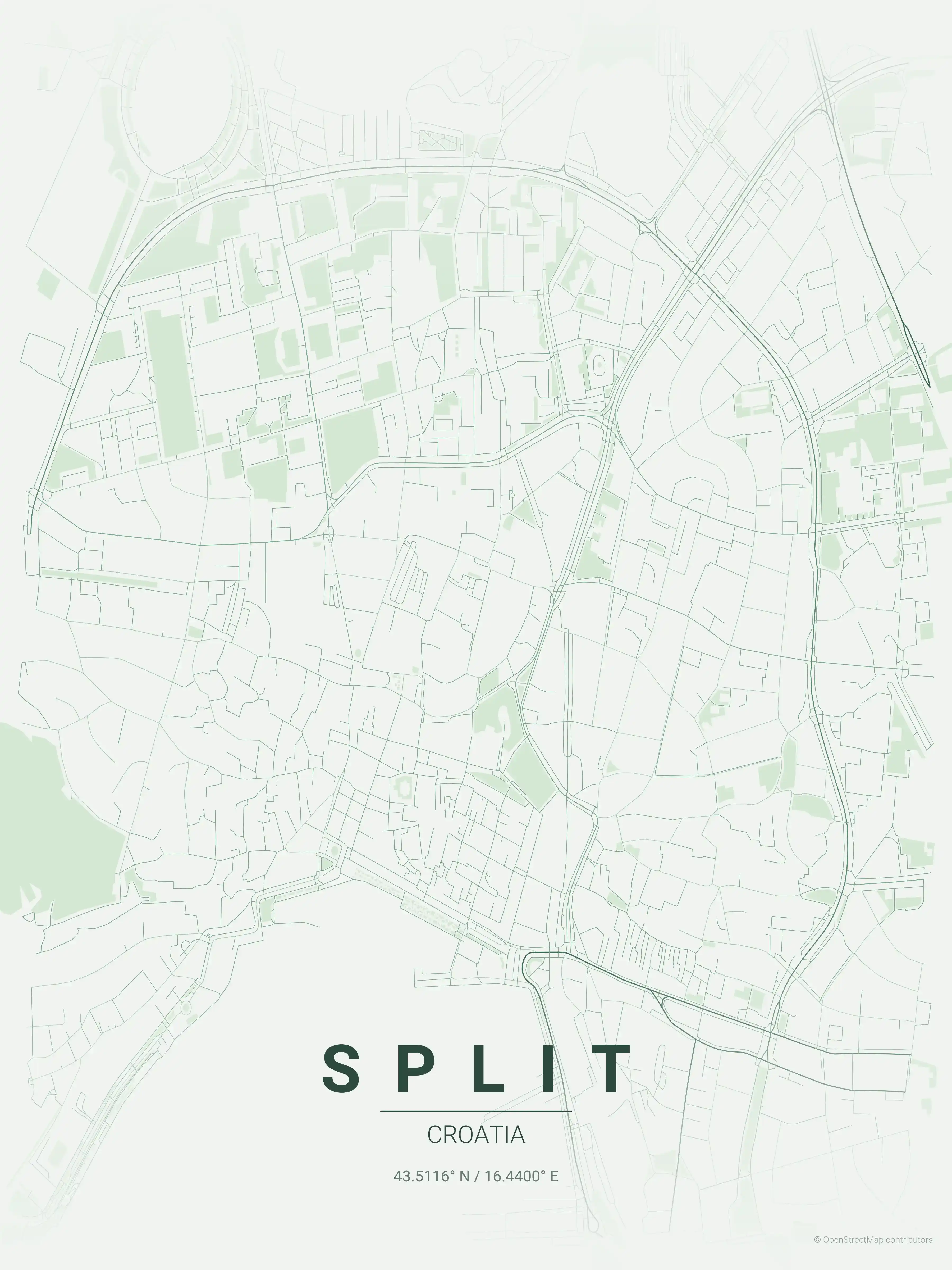 Minimalist forest street map of Split, Croatia - Urban grid art