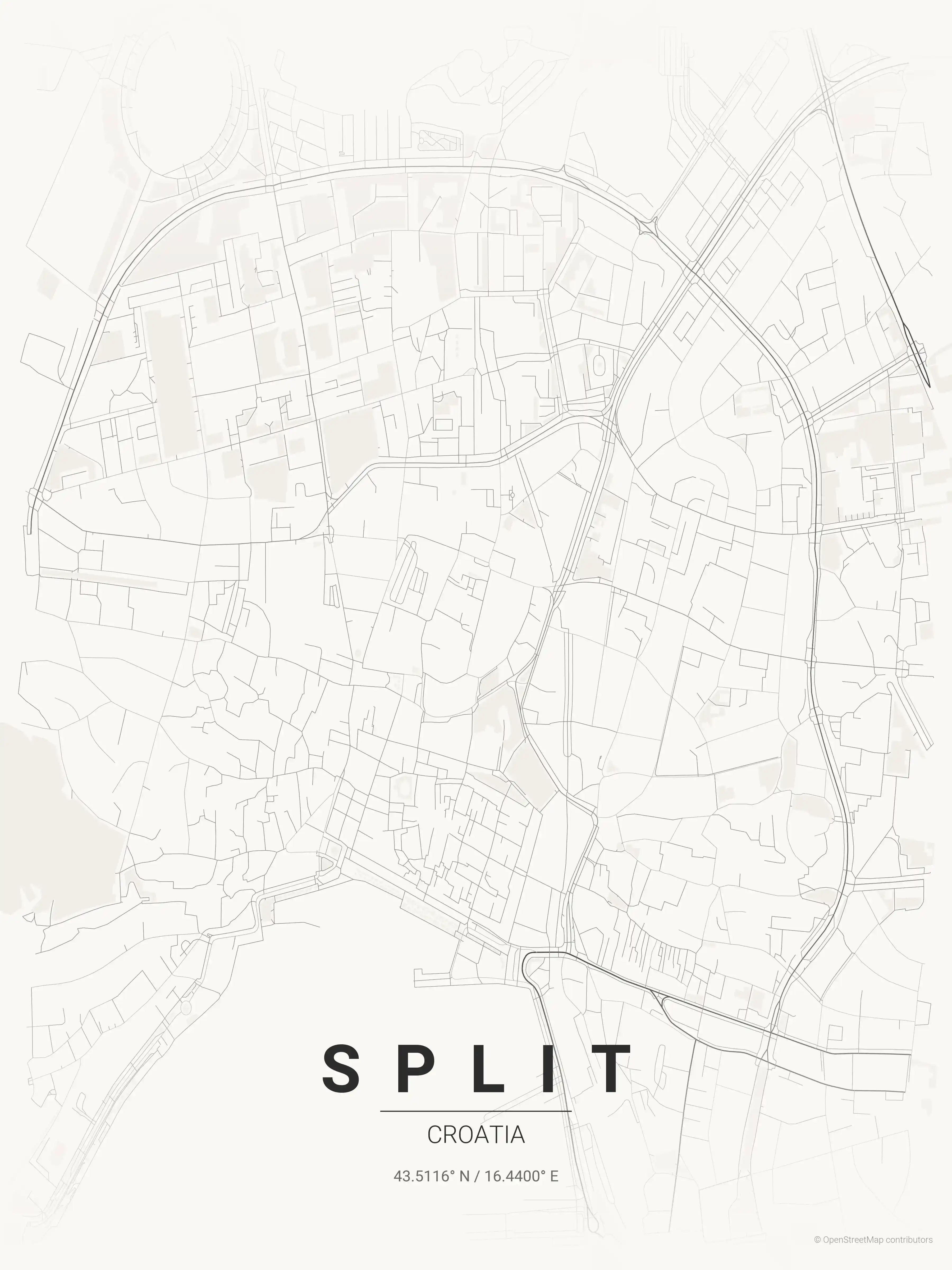 Minimalist japanese_ink street map of Split, Croatia - Urban grid art