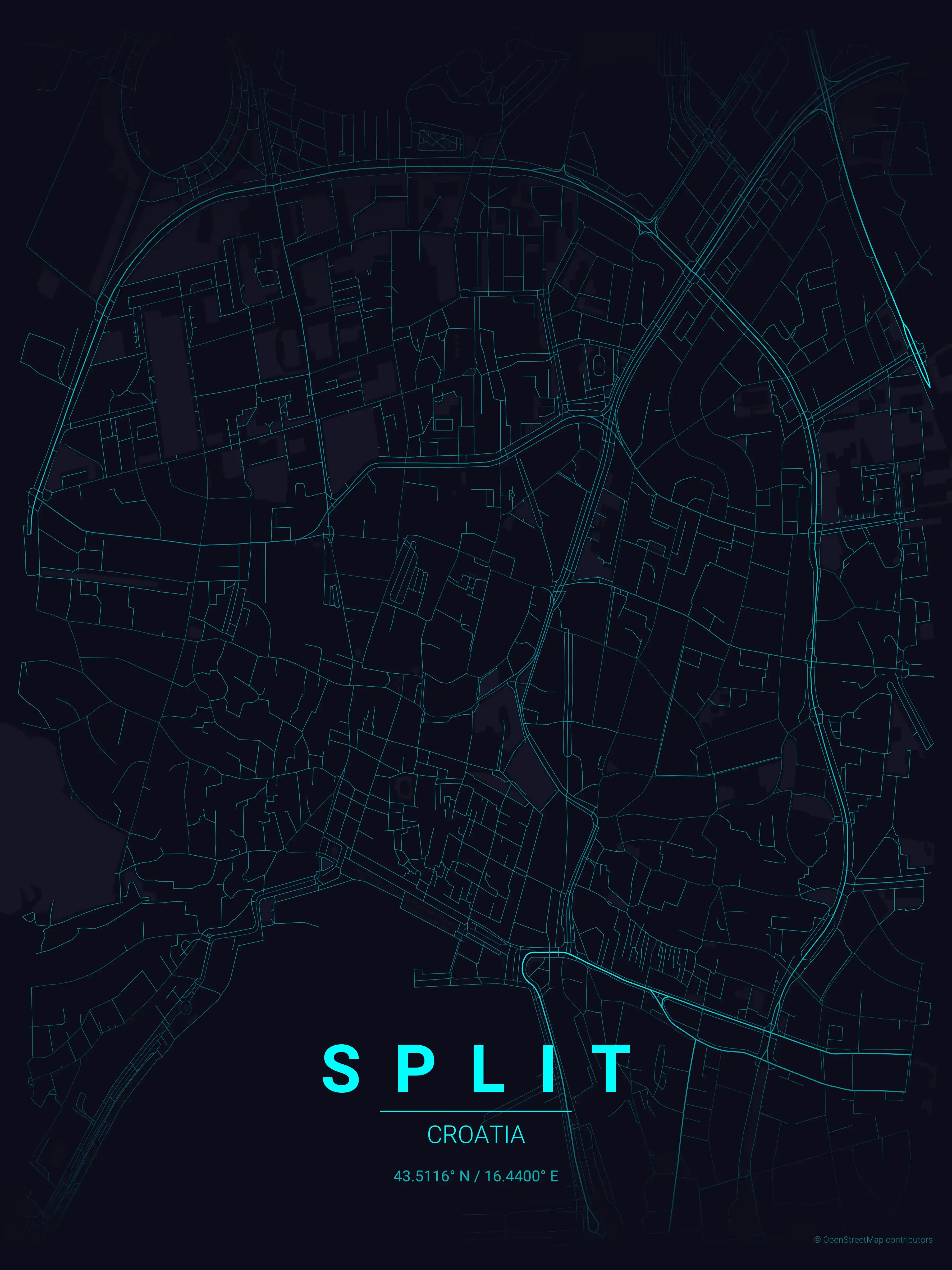 Minimalist neon_cyberpunk street map of Split, Croatia - Urban grid art