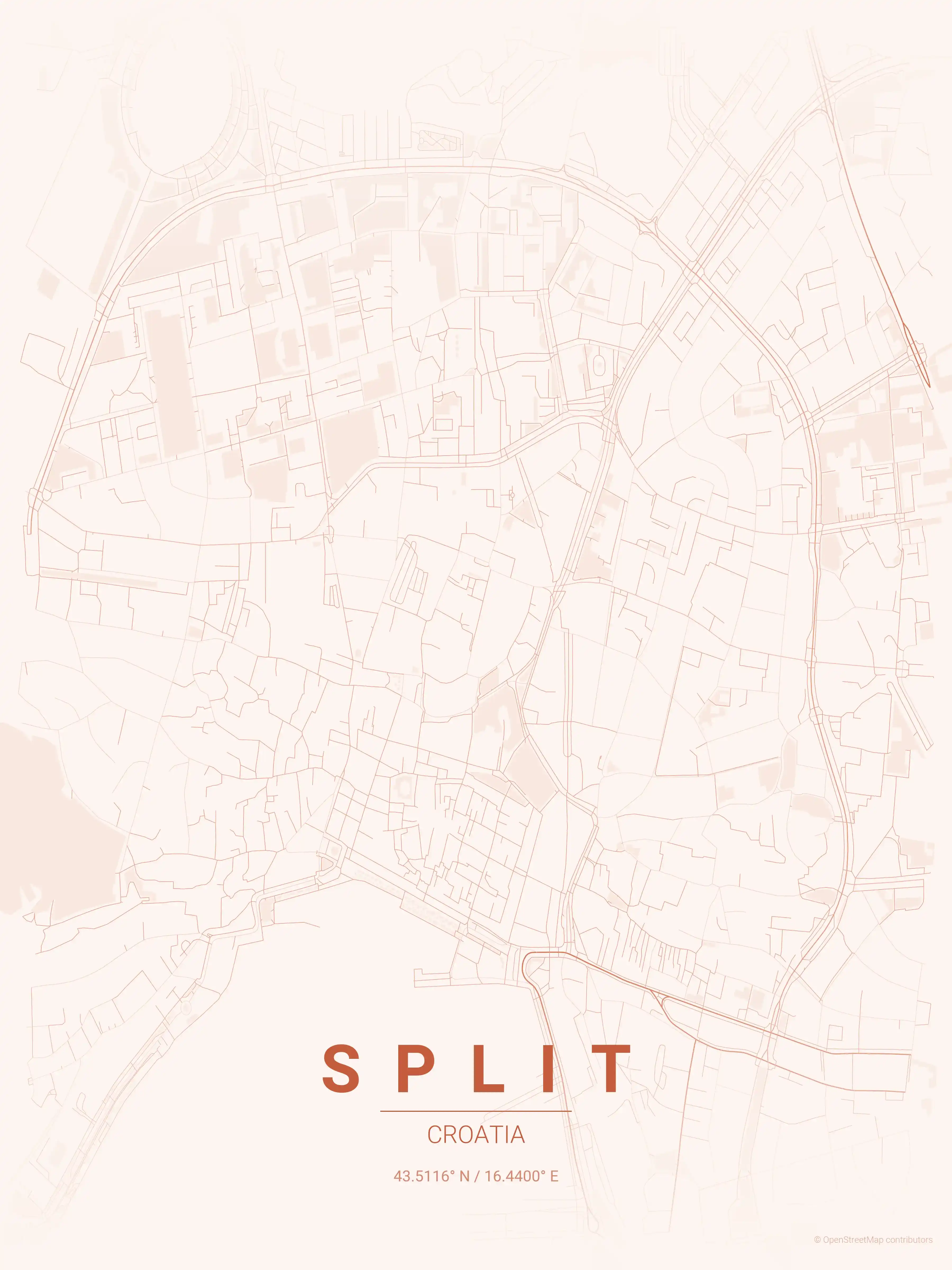 Minimalist sunset street map of Split, Croatia - Urban grid art