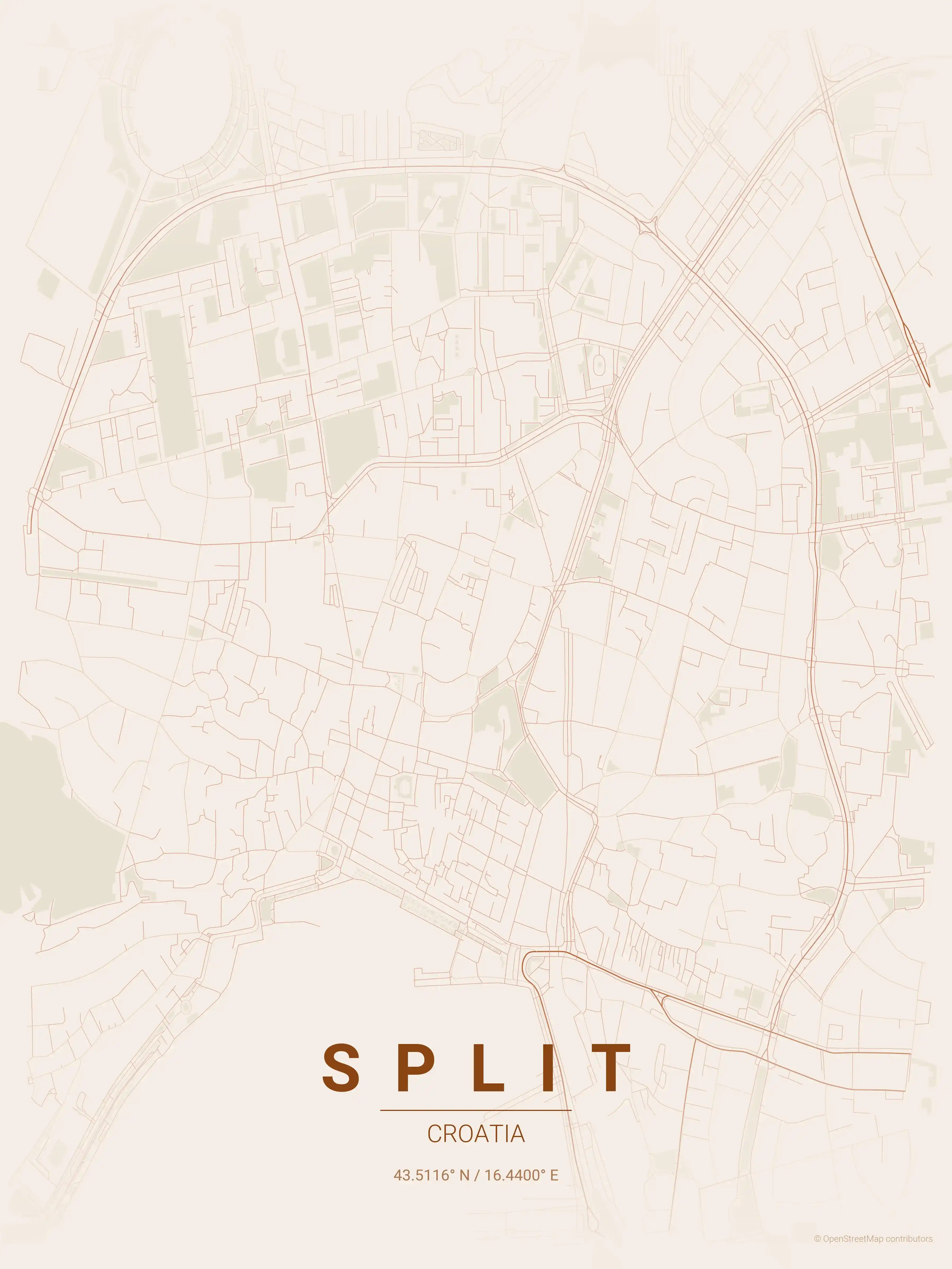 Minimalist terracotta street map of Split, Croatia - Urban grid art