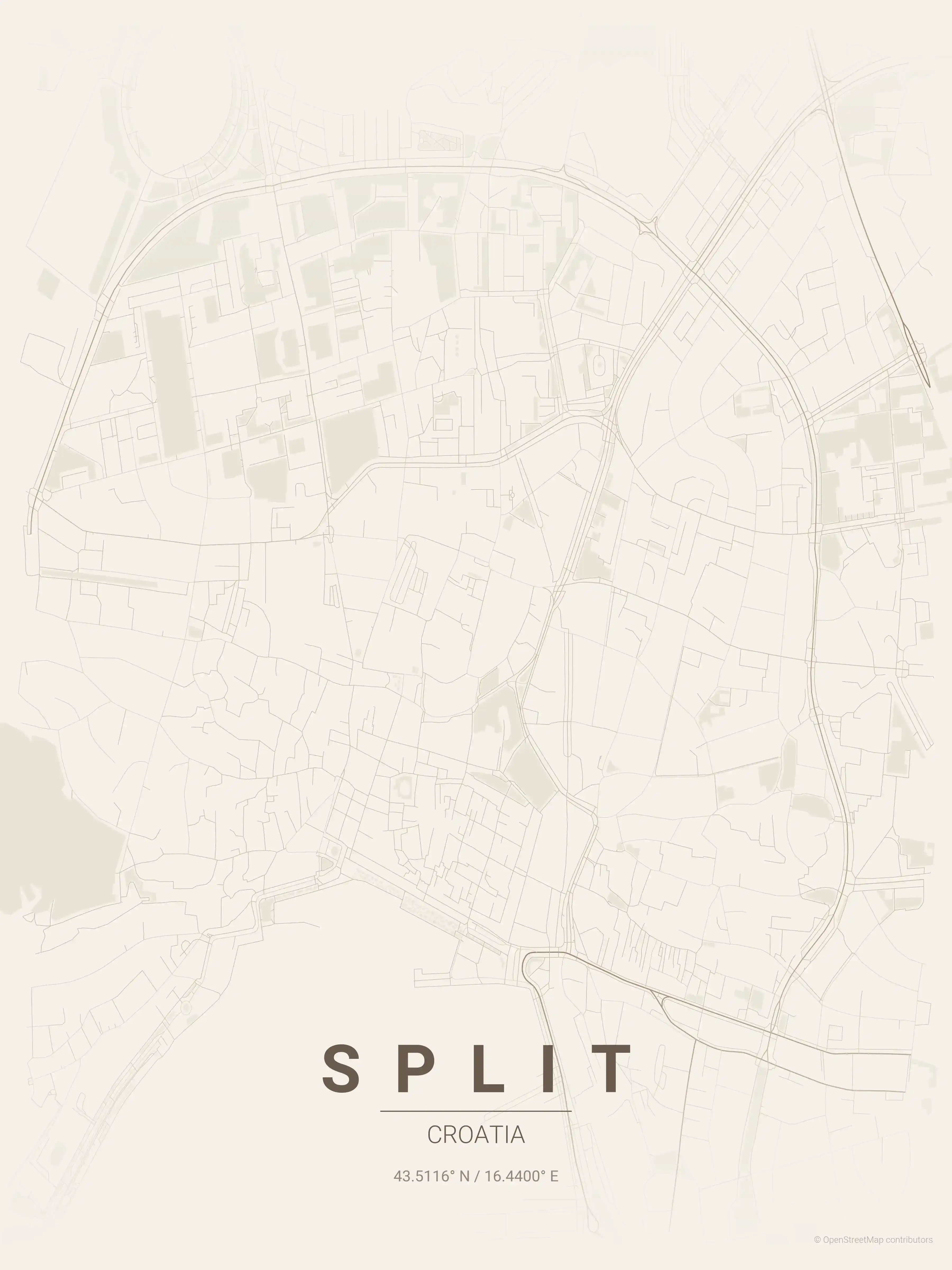 Minimalist warm_beige street map of Split, Croatia - Urban grid art