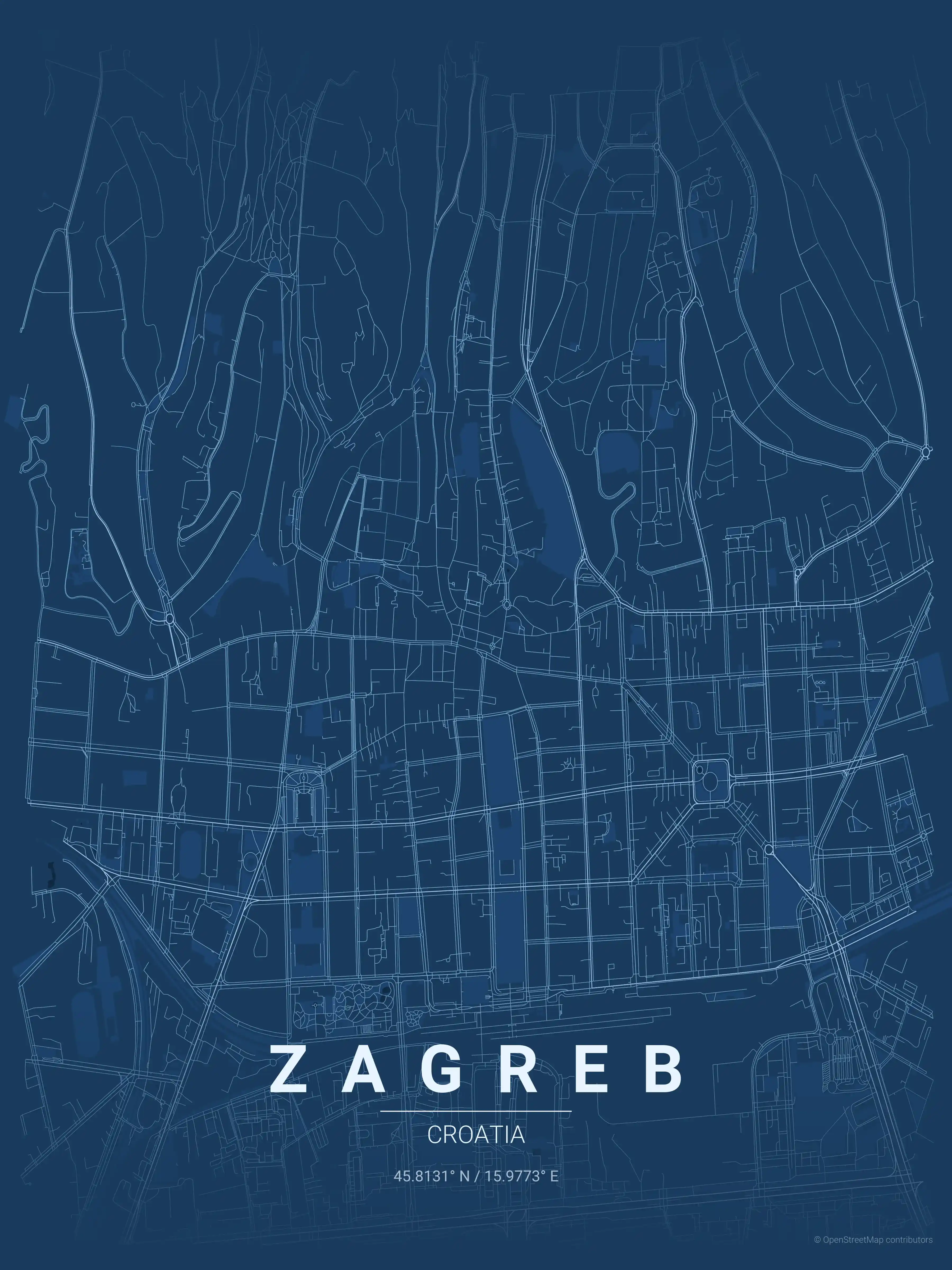 Minimalist blueprint street map of Zagreb, Croatia - Urban grid art