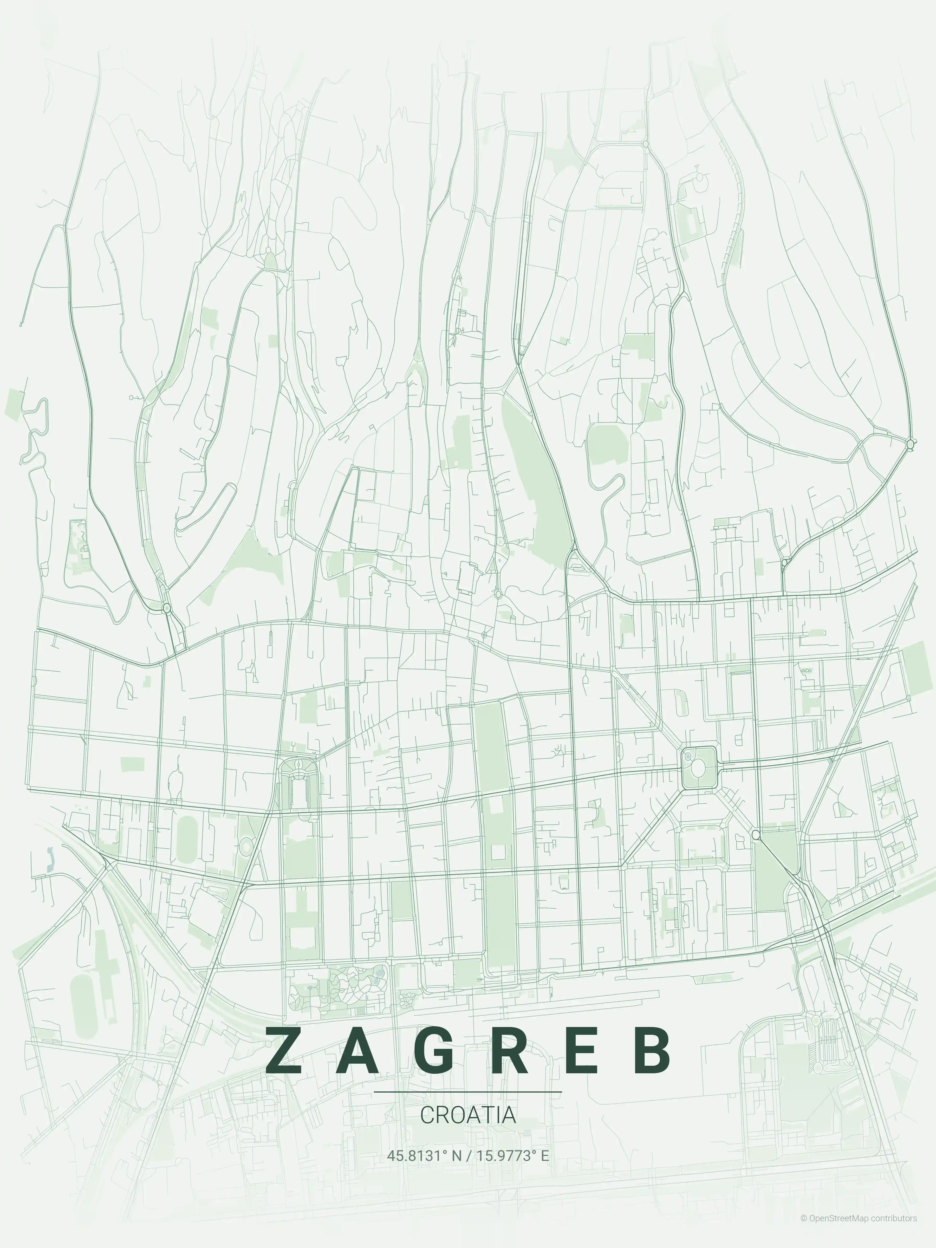 Minimalist forest street map of Zagreb, Croatia - Urban grid art