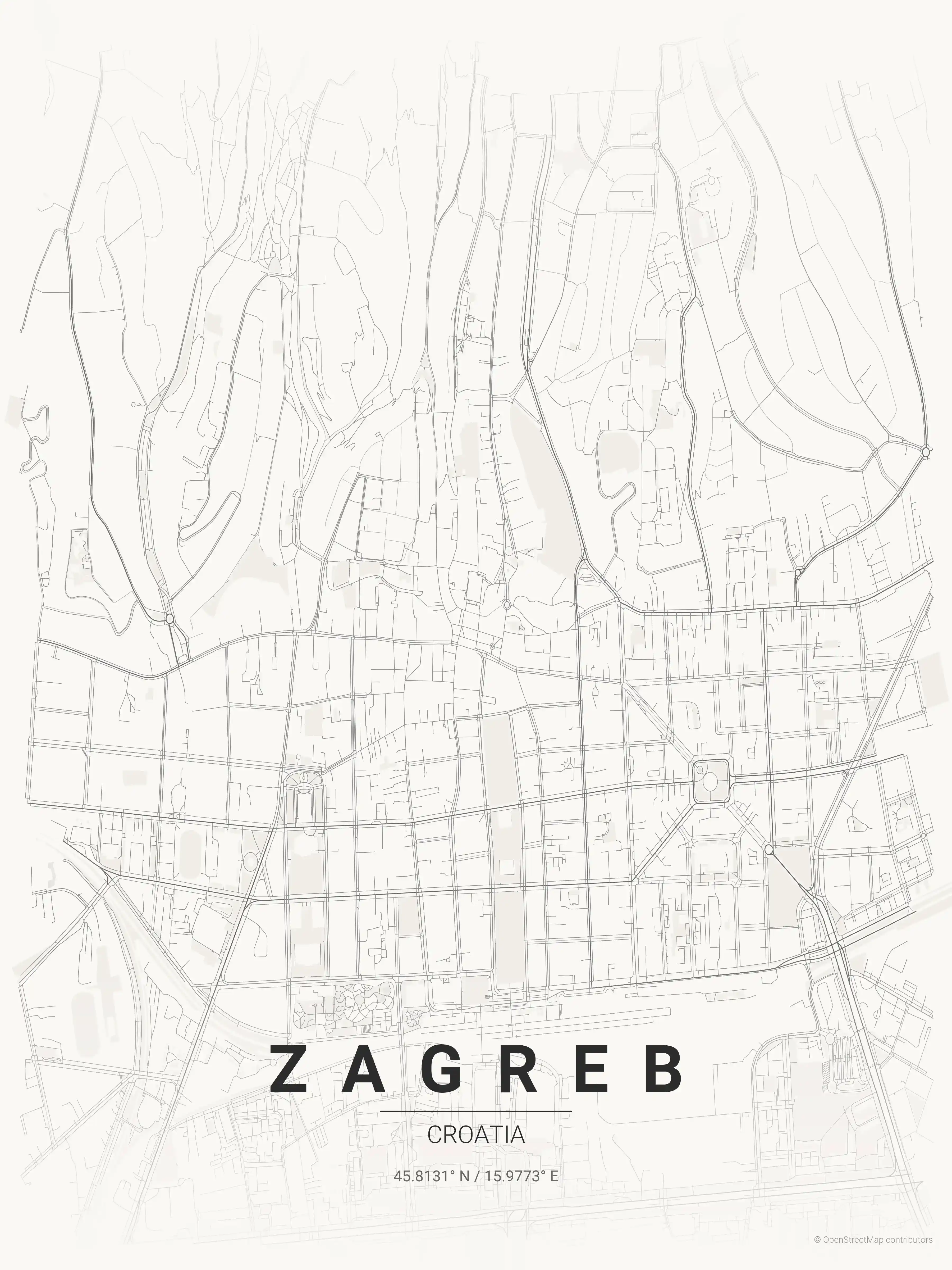 Minimalist japanese_ink street map of Zagreb, Croatia - Urban grid art