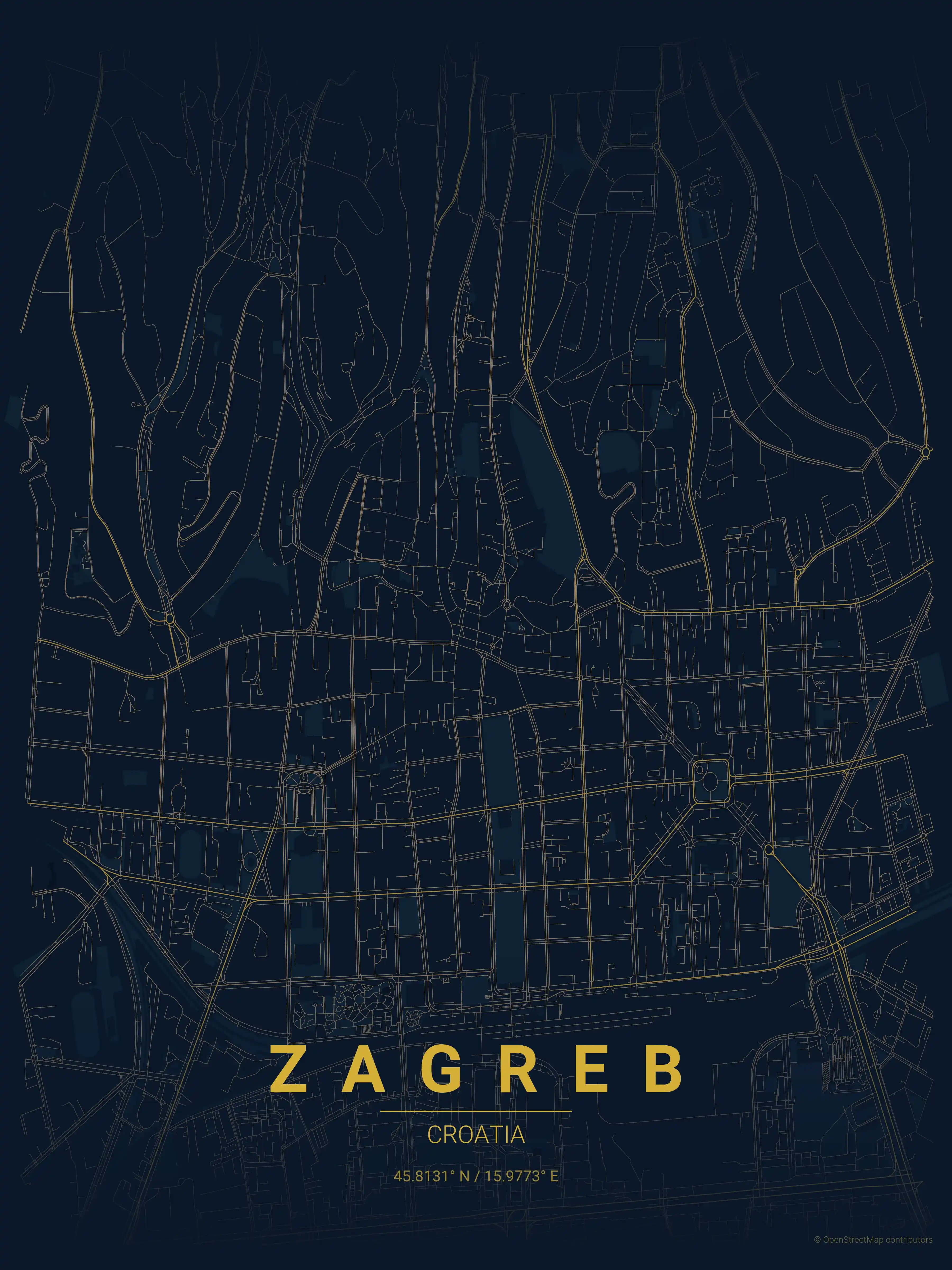 Minimalist midnight_blue street map of Zagreb, Croatia - Urban grid art
