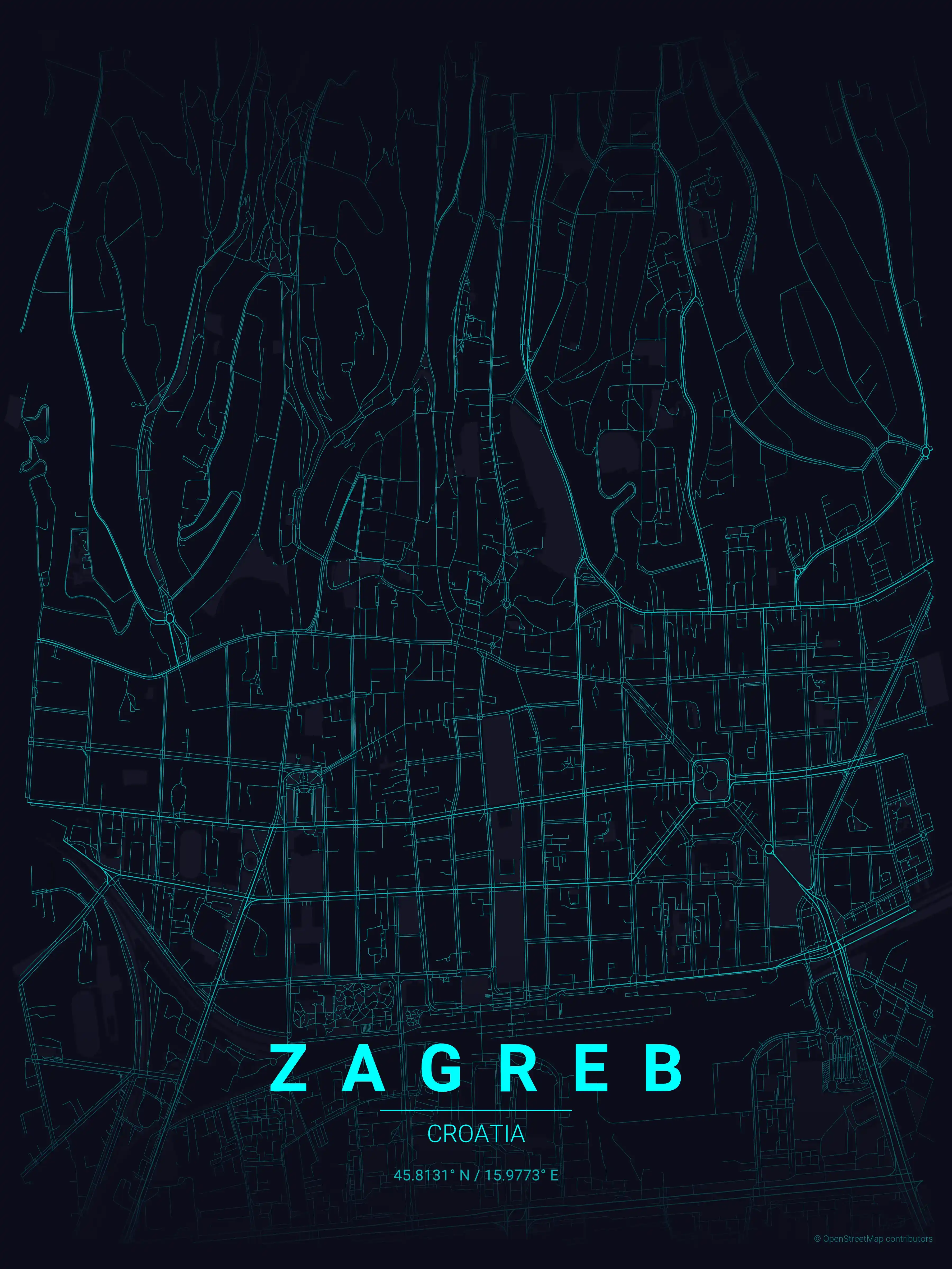 Minimalist neon_cyberpunk street map of Zagreb, Croatia - Urban grid art