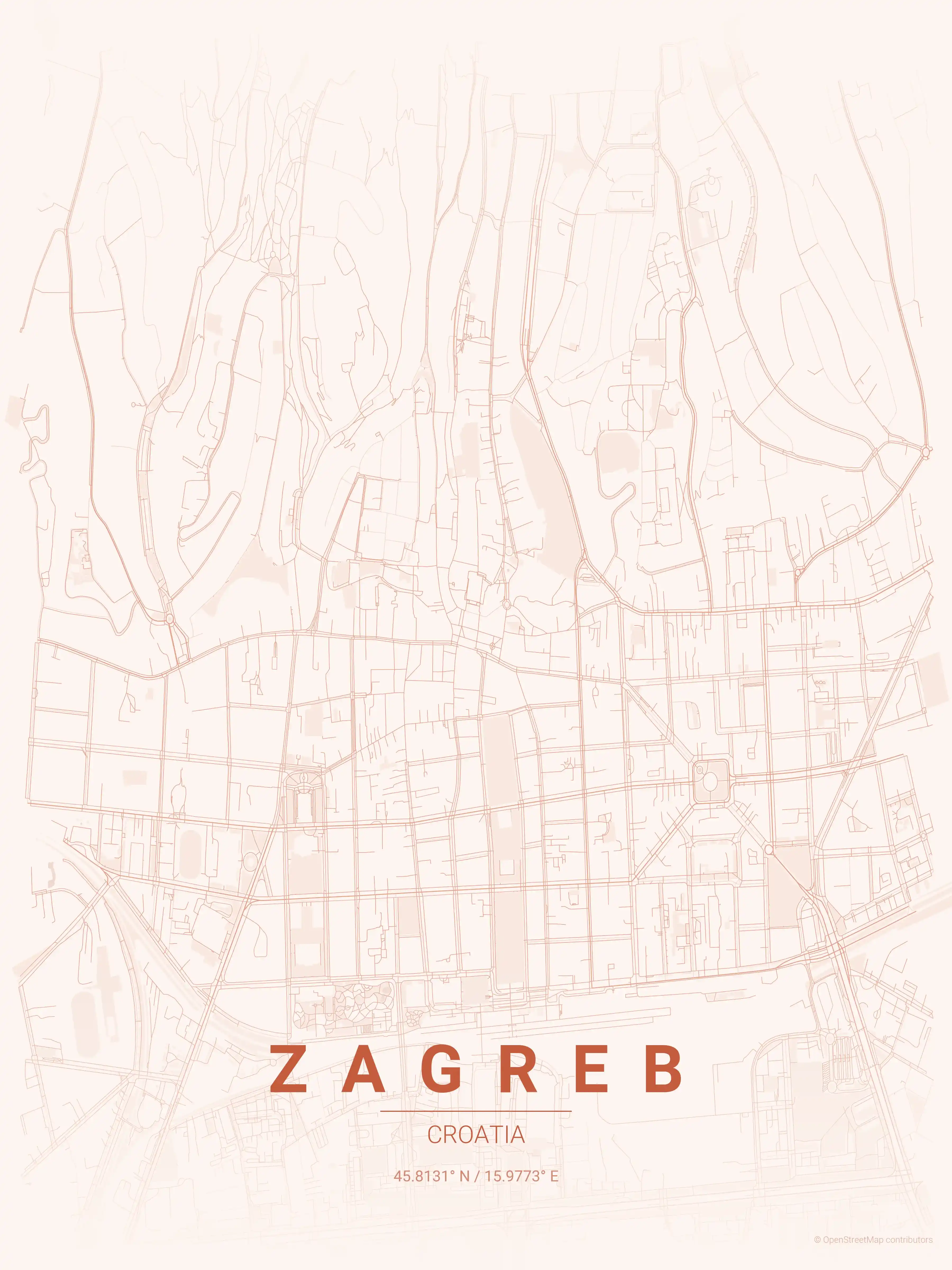 Minimalist sunset street map of Zagreb, Croatia - Urban grid art