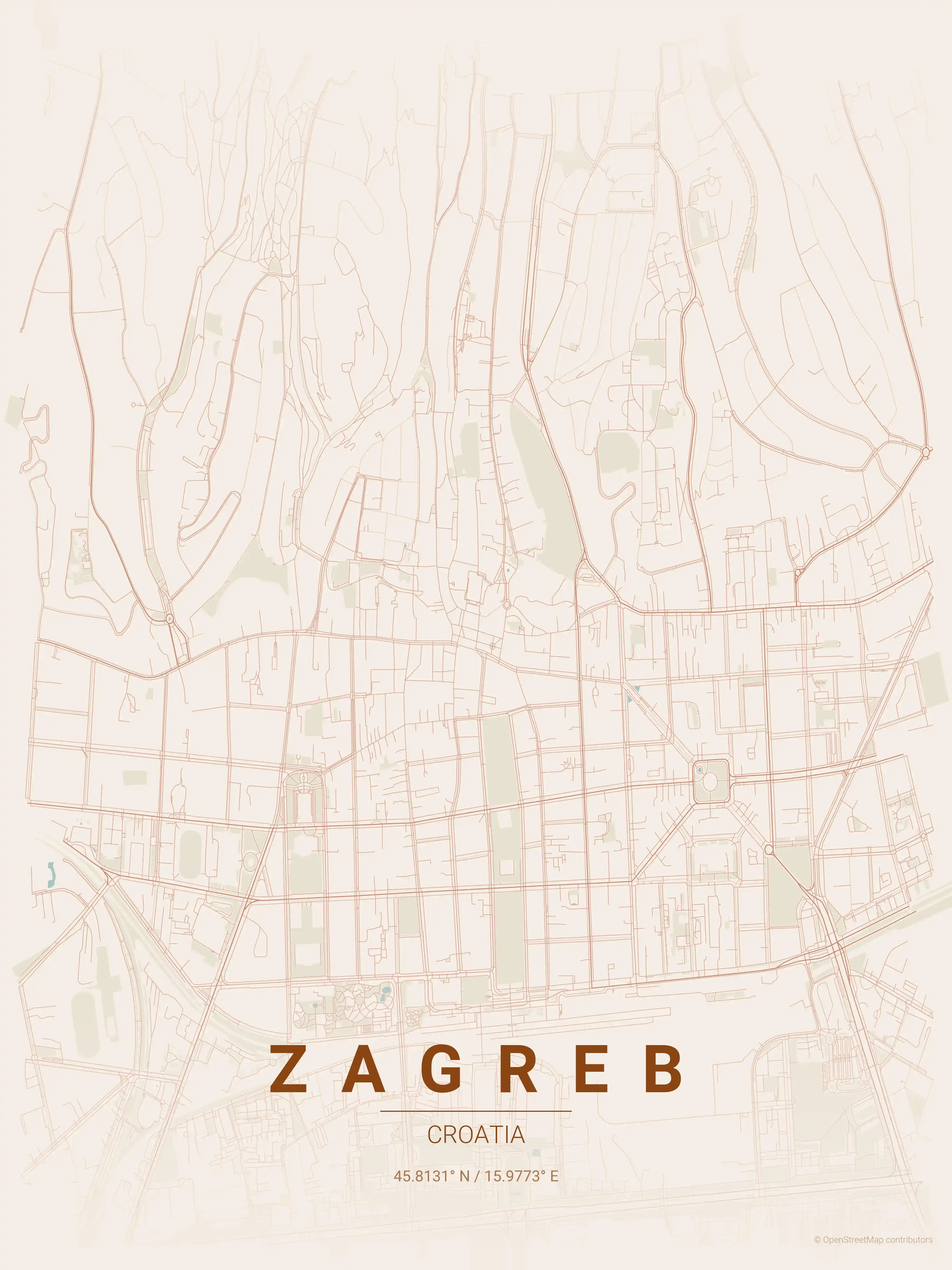 Minimalist terracotta street map of Zagreb, Croatia - Urban grid art