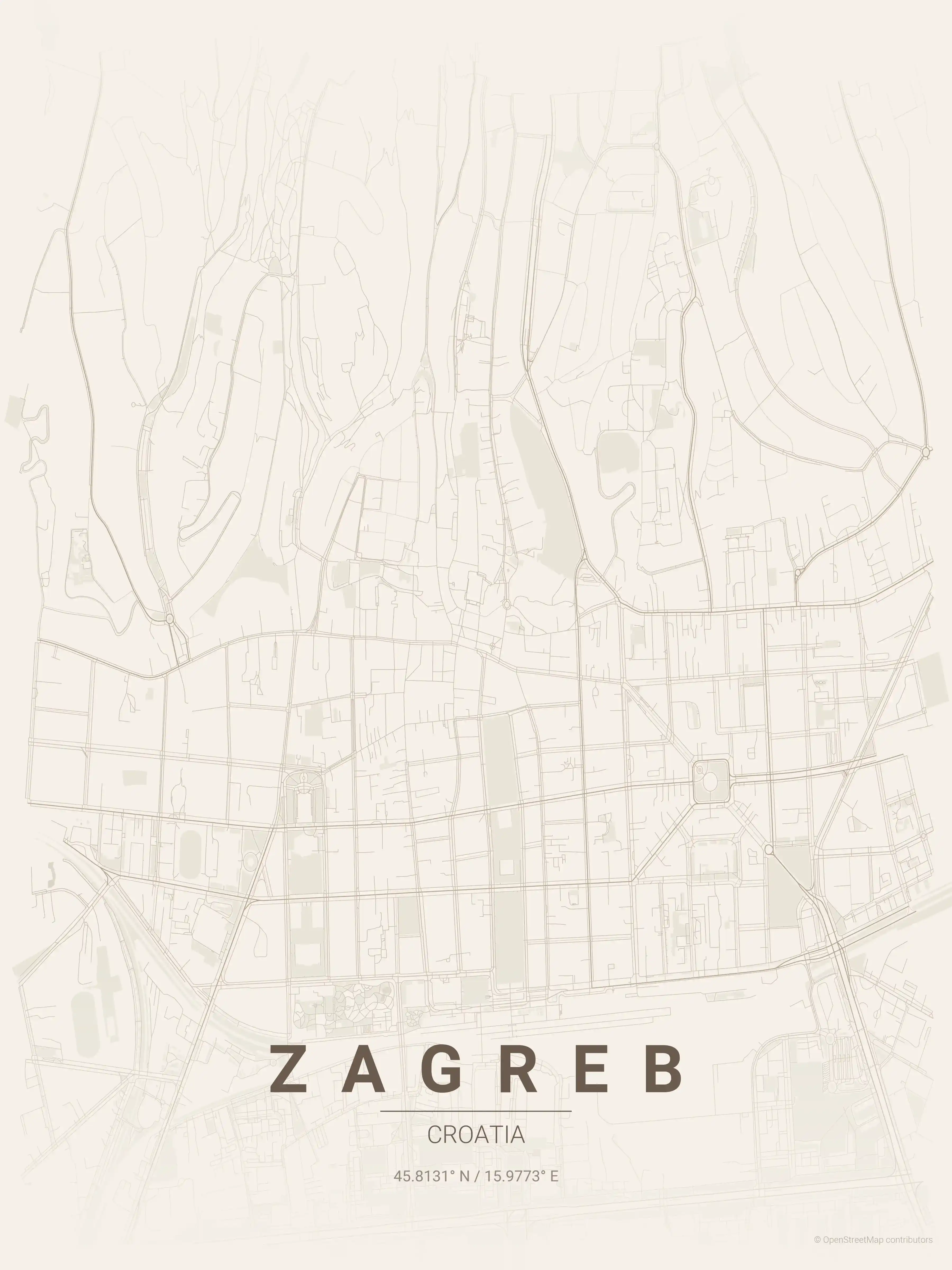 Minimalist warm_beige street map of Zagreb, Croatia - Urban grid art