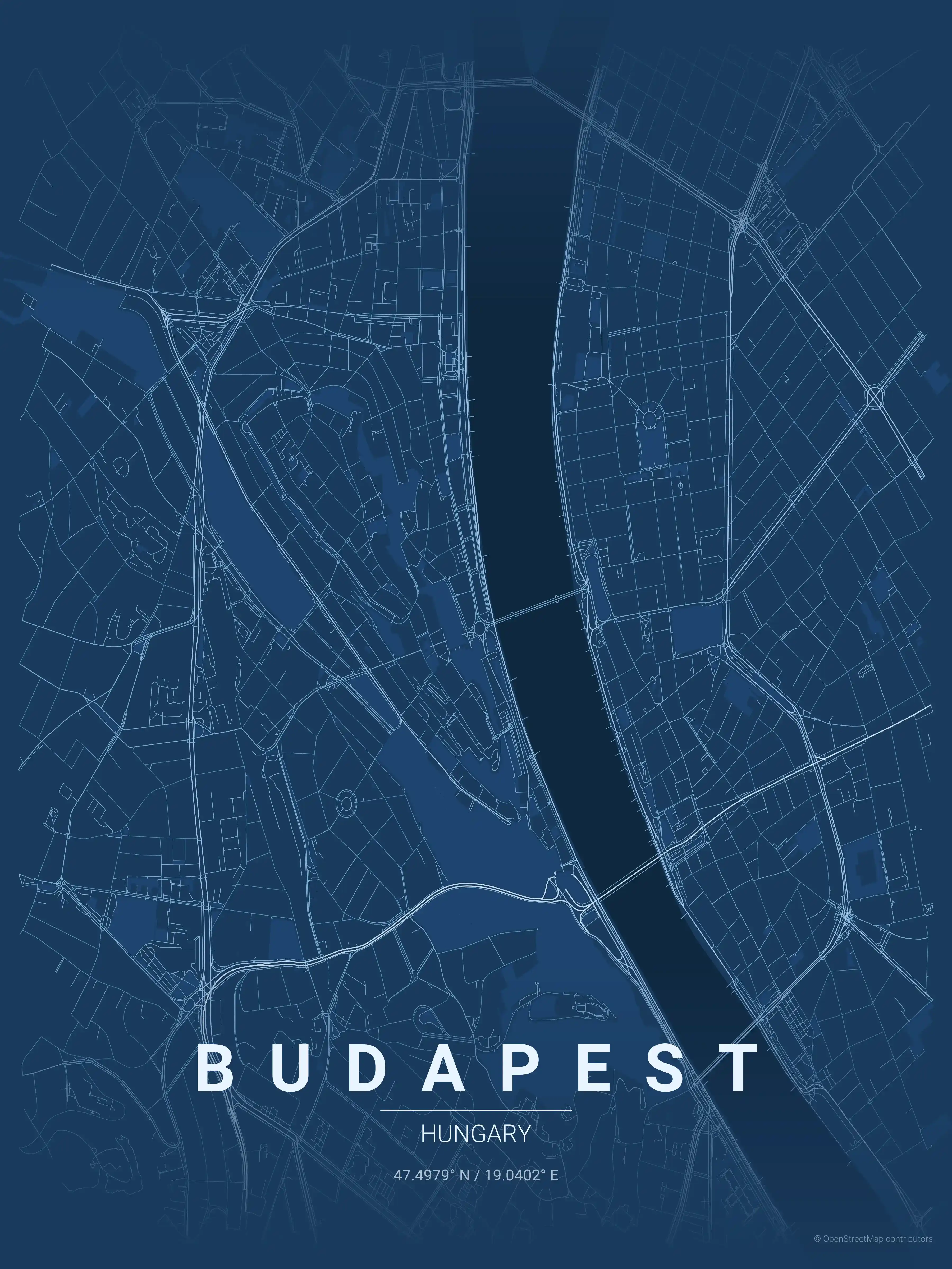 Minimalist blueprint street map of Budapest, Hungary - Urban grid art