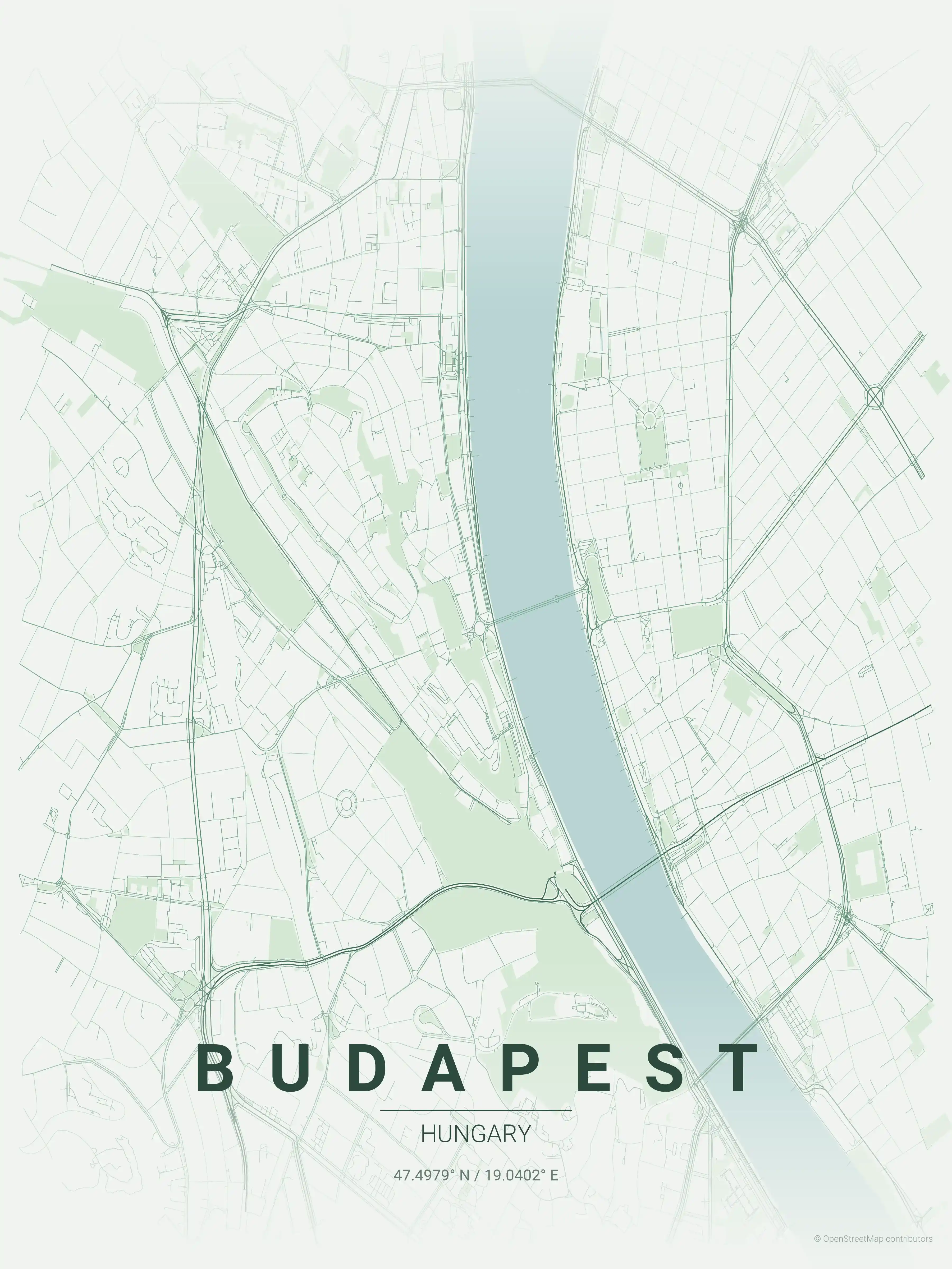 Minimalist forest street map of Budapest, Hungary - Urban grid art