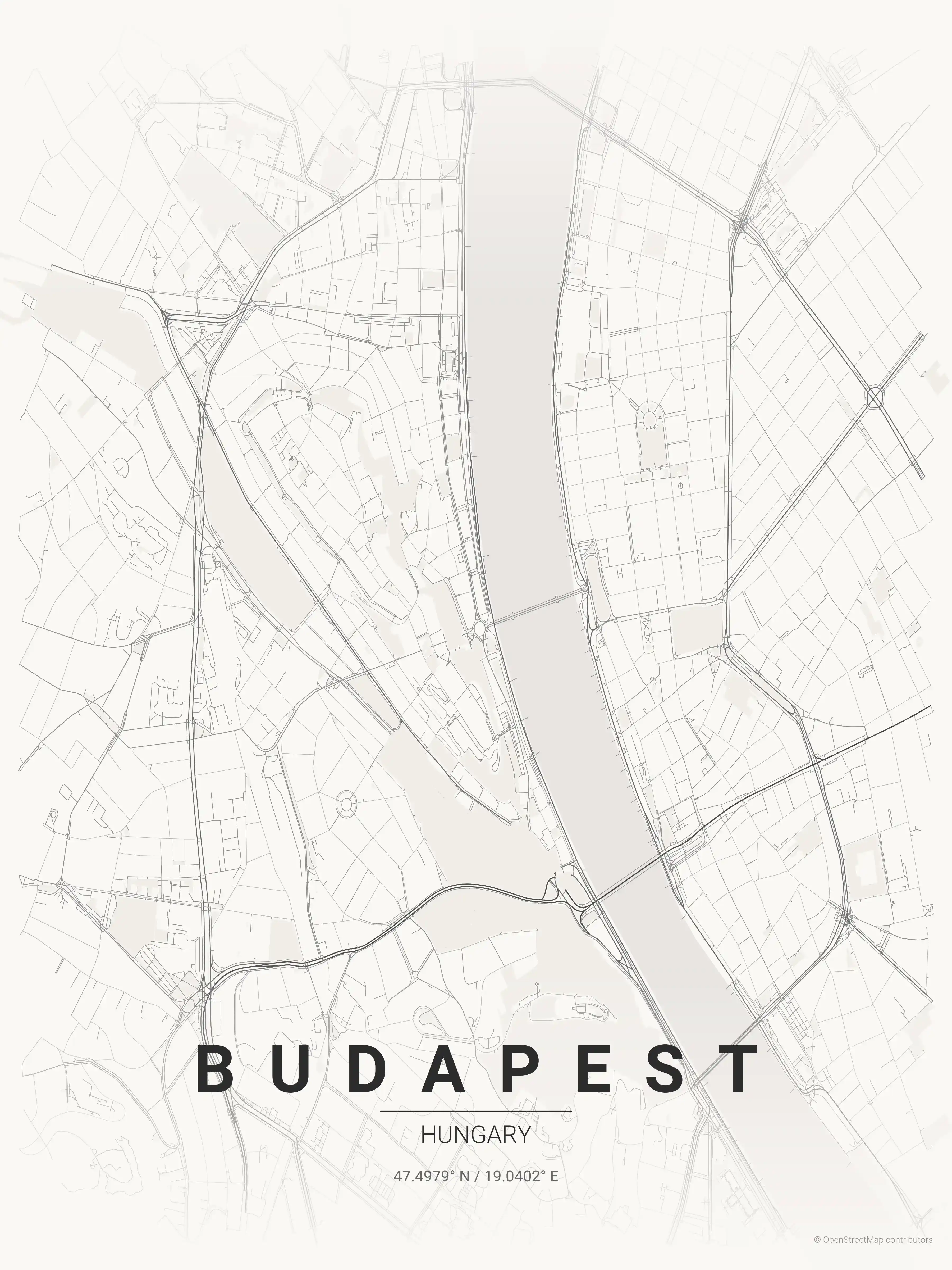 Minimalist japanese_ink street map of Budapest, Hungary - Urban grid art
