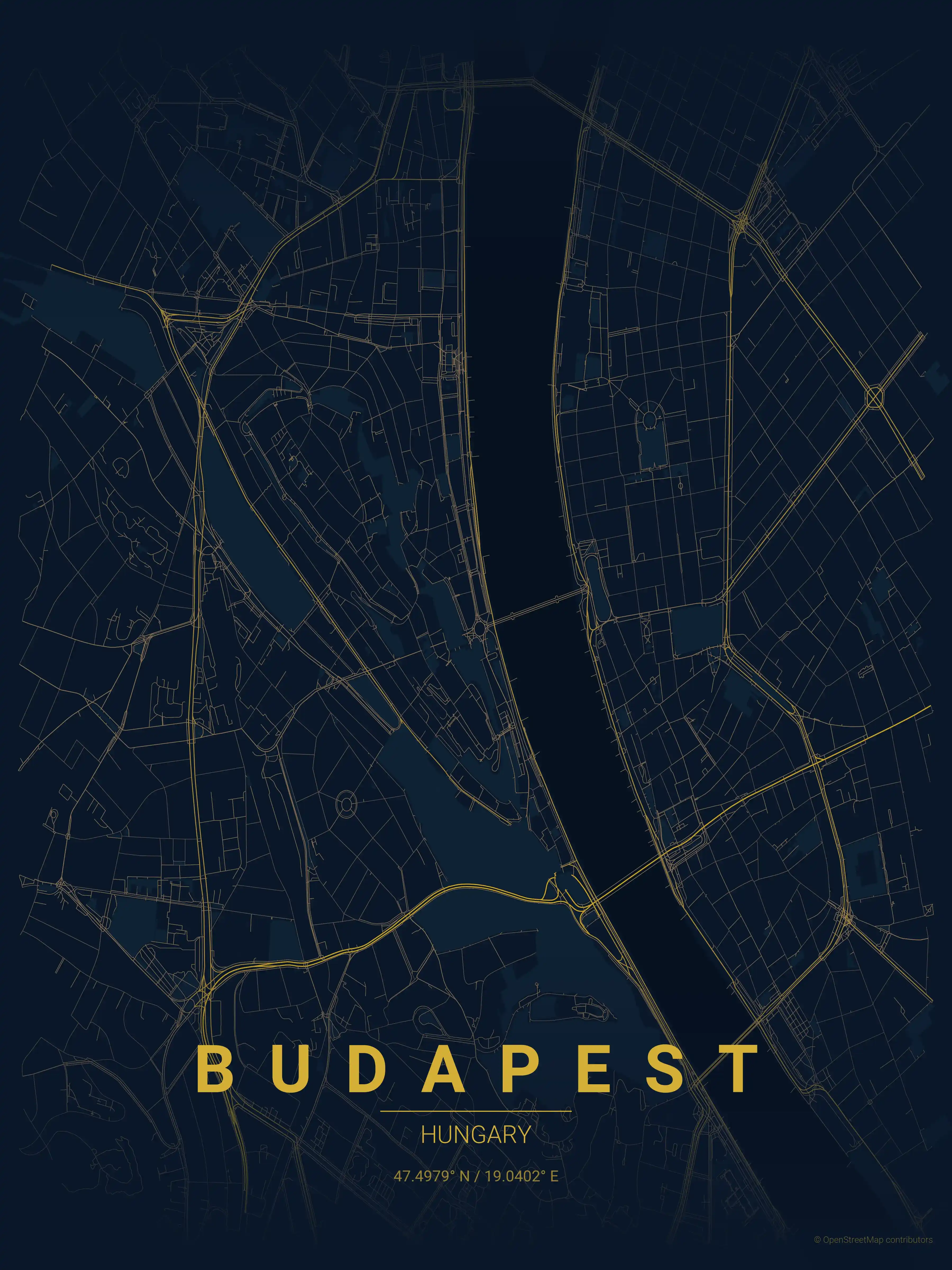 Minimalist midnight_blue street map of Budapest, Hungary - Urban grid art