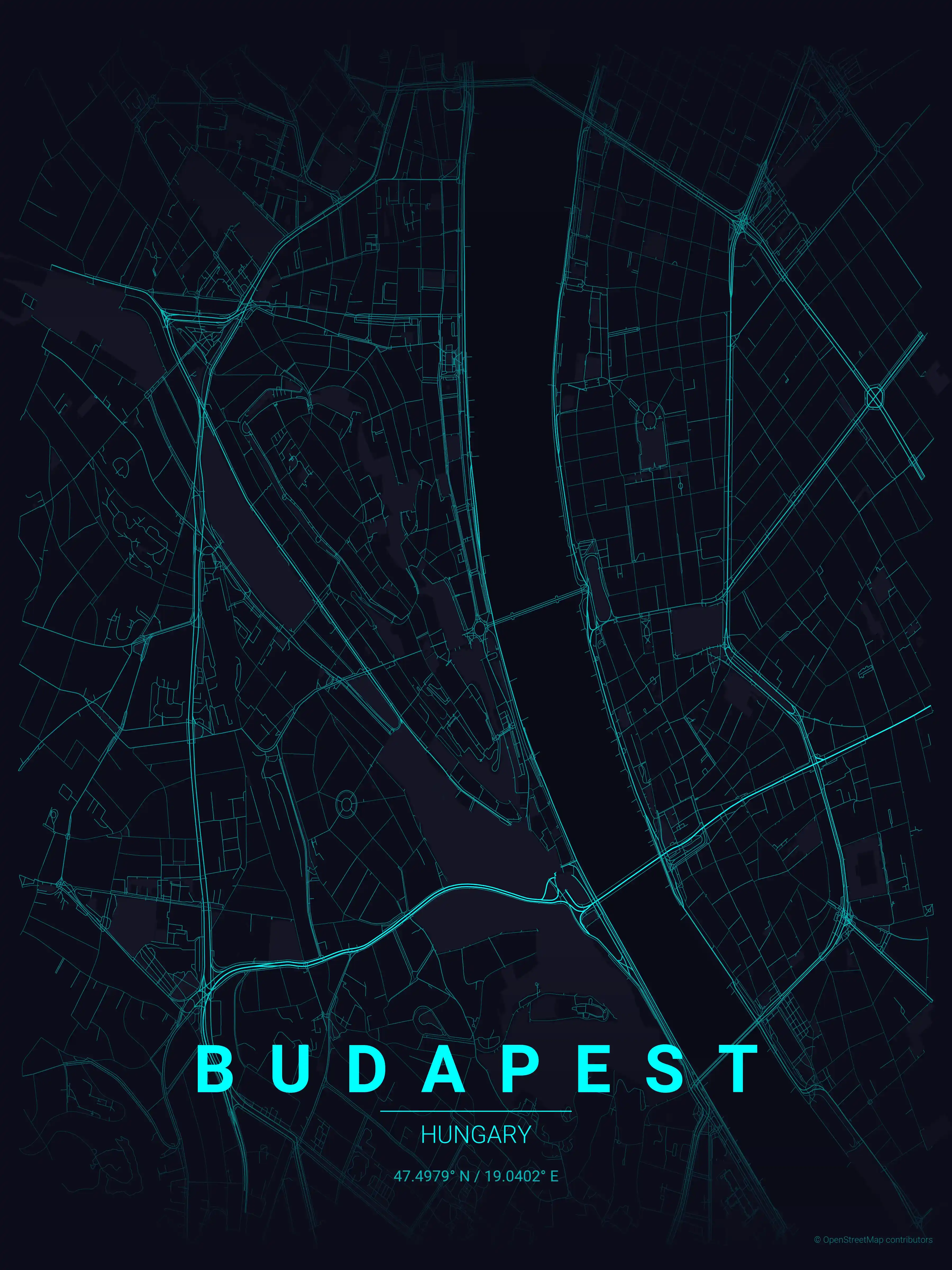 Minimalist neon_cyberpunk street map of Budapest, Hungary - Urban grid art