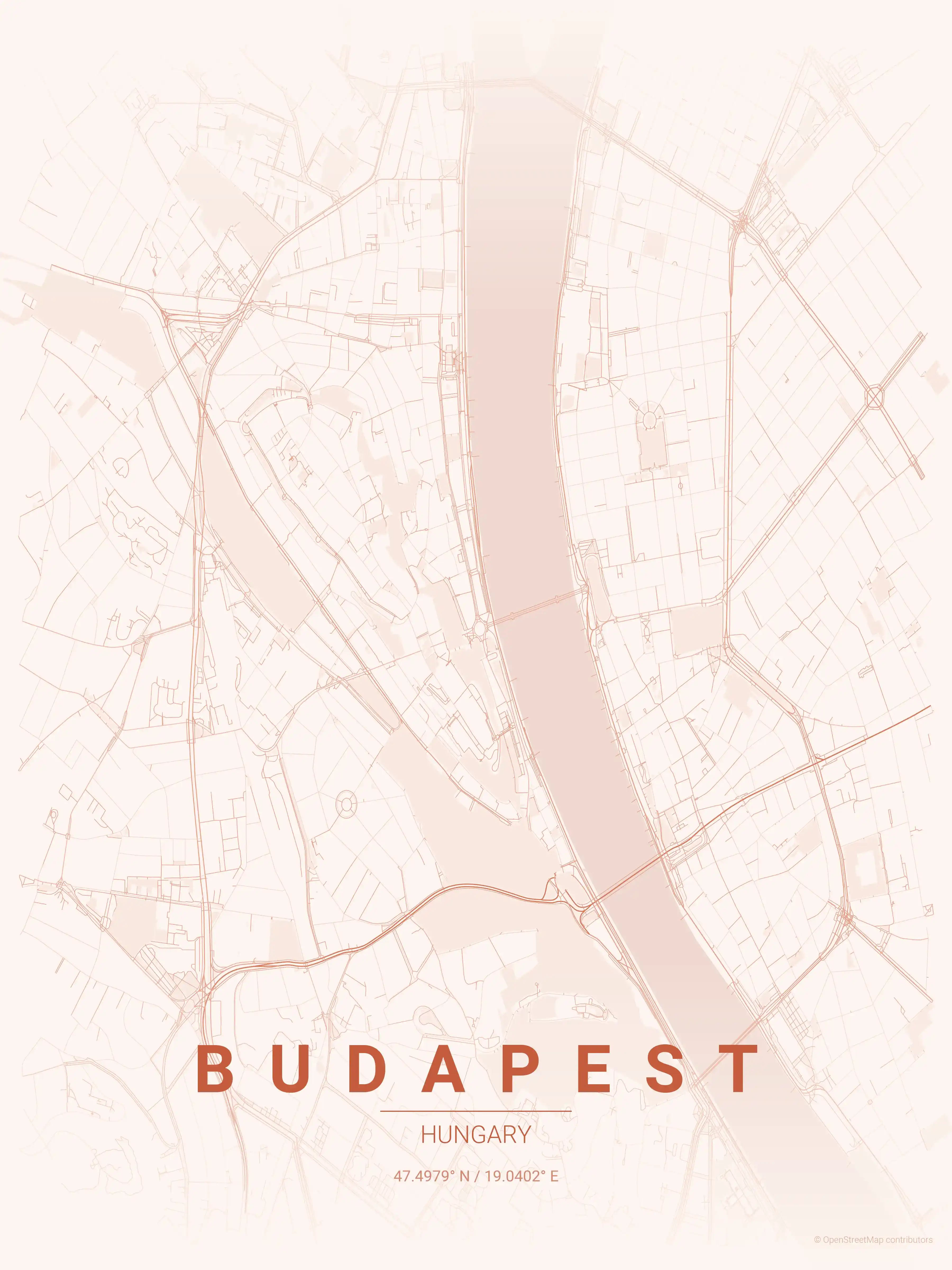 Minimalist sunset street map of Budapest, Hungary - Urban grid art
