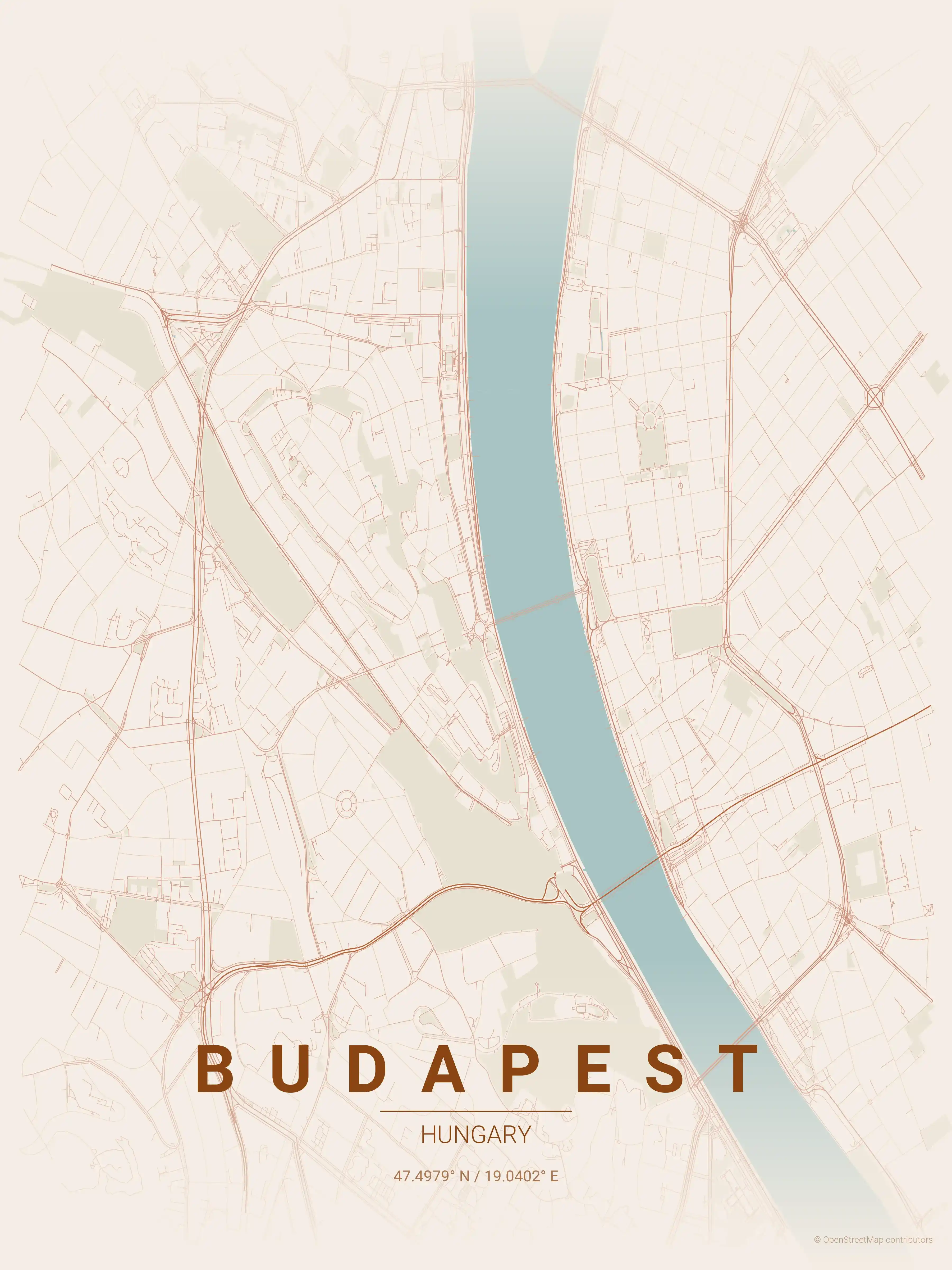 Minimalist terracotta street map of Budapest, Hungary - Urban grid art