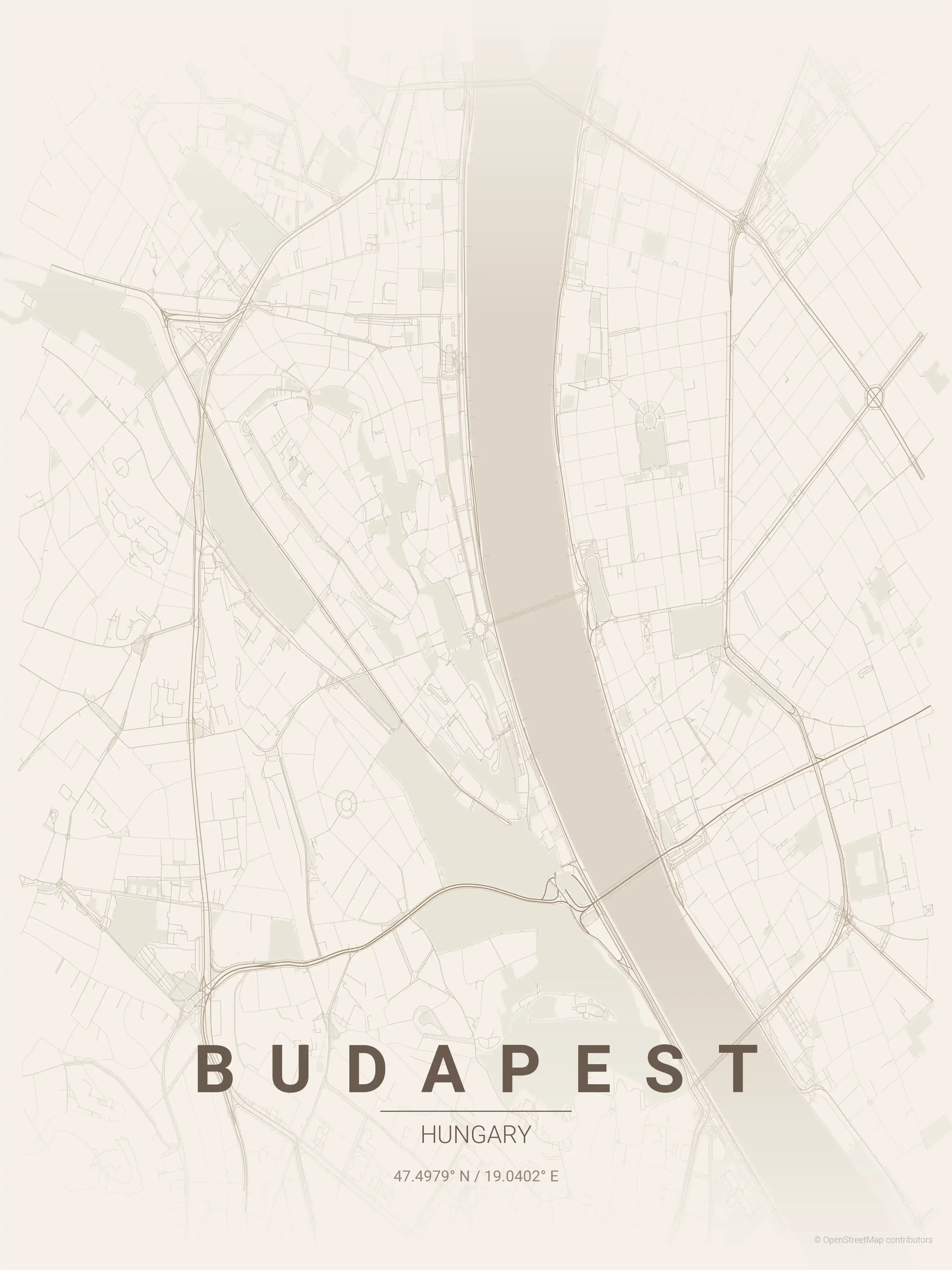 Minimalist warm_beige street map of Budapest, Hungary - Urban grid art