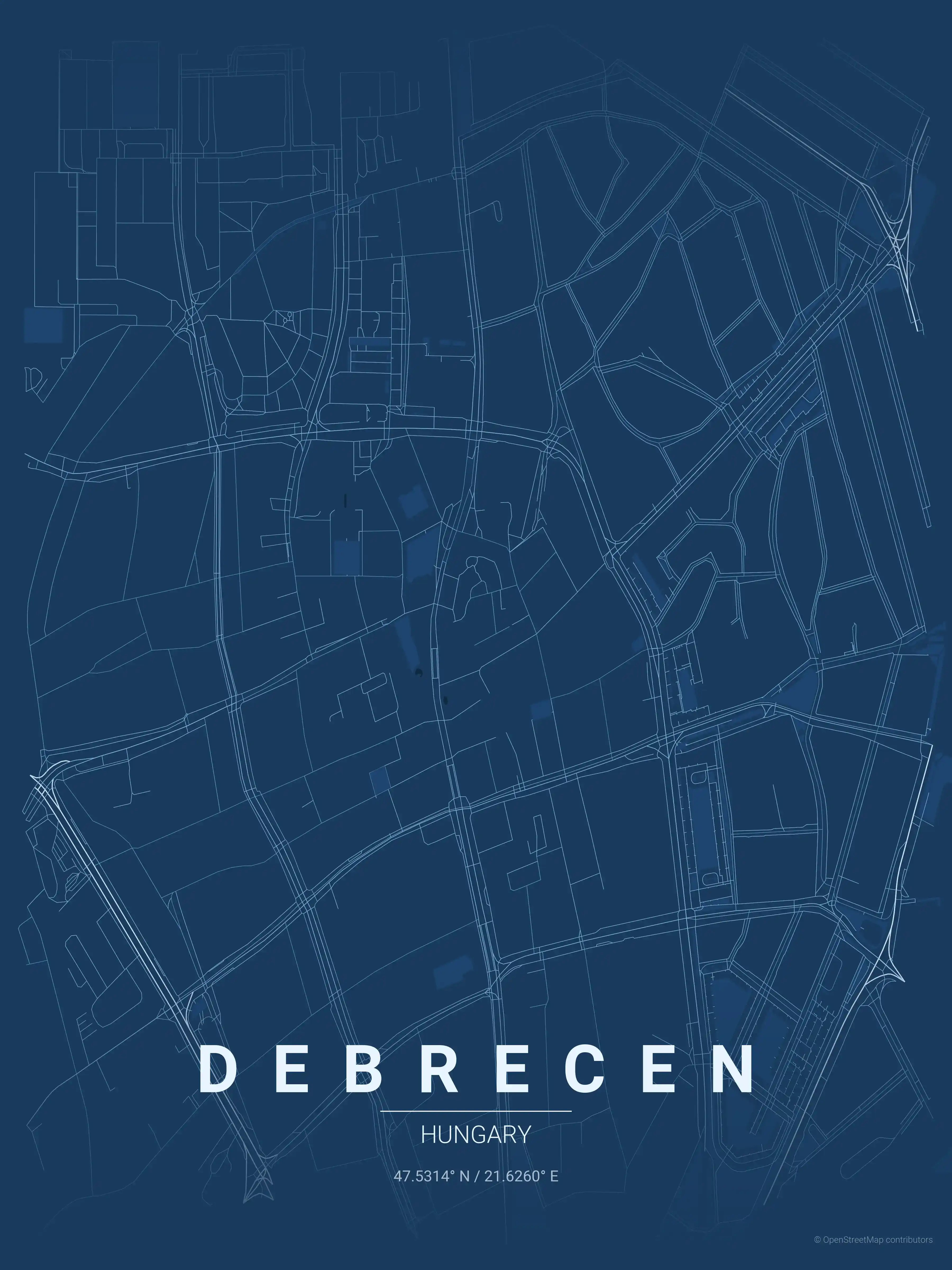 Minimalist blueprint street map of Debrecen, Hungary - Urban grid art
