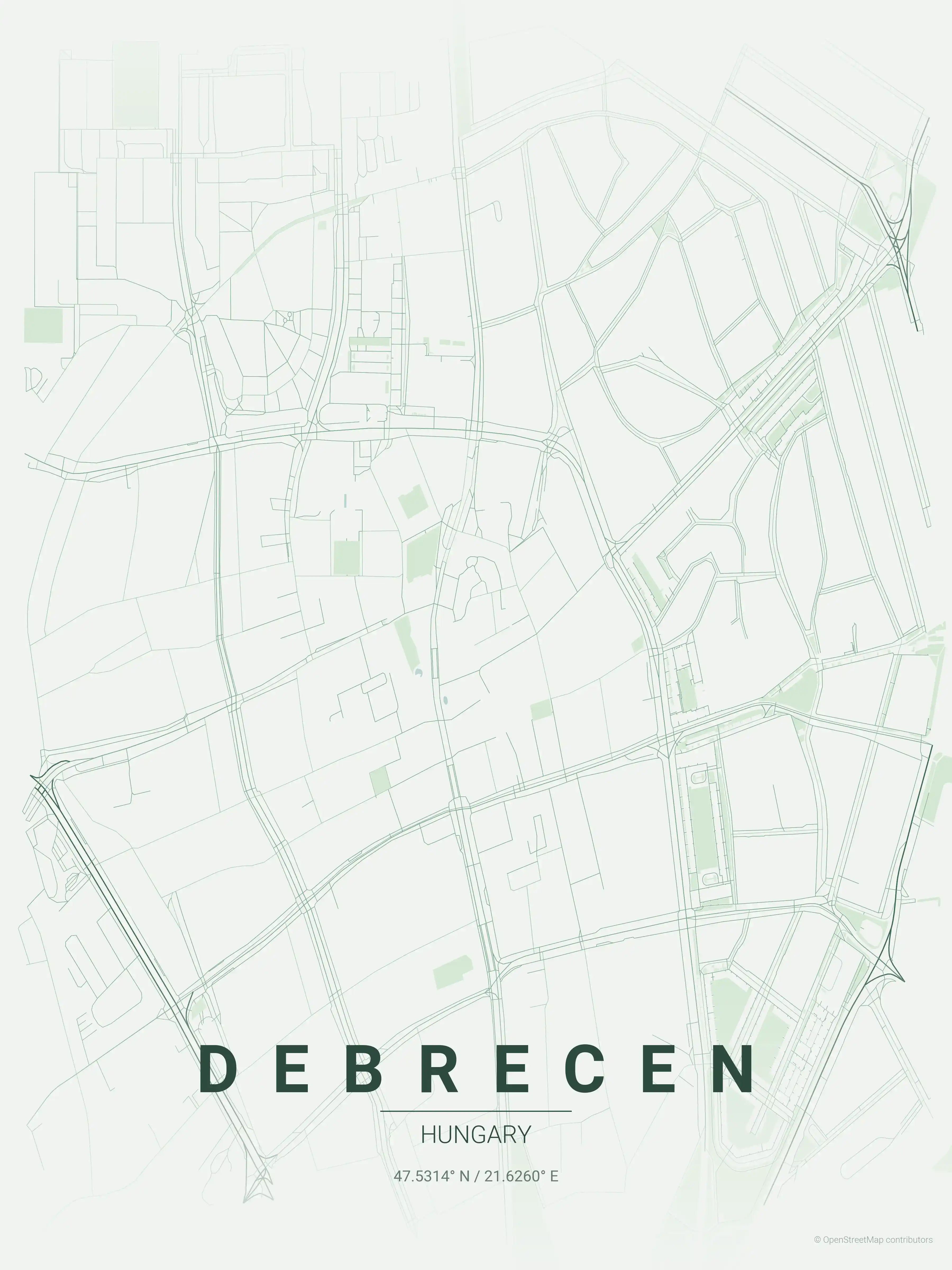 Minimalist forest street map of Debrecen, Hungary - Urban grid art