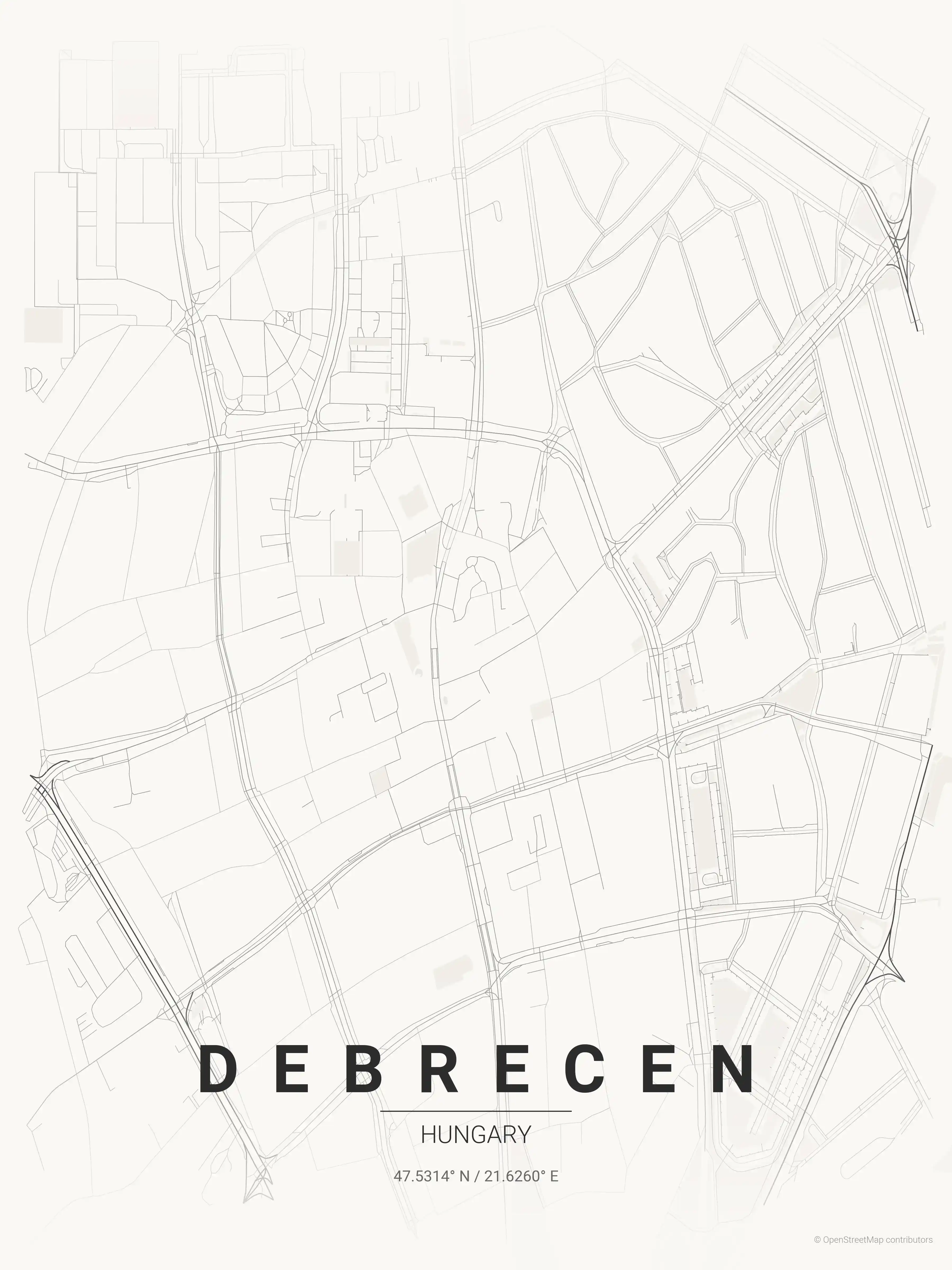 Minimalist japanese_ink street map of Debrecen, Hungary - Urban grid art