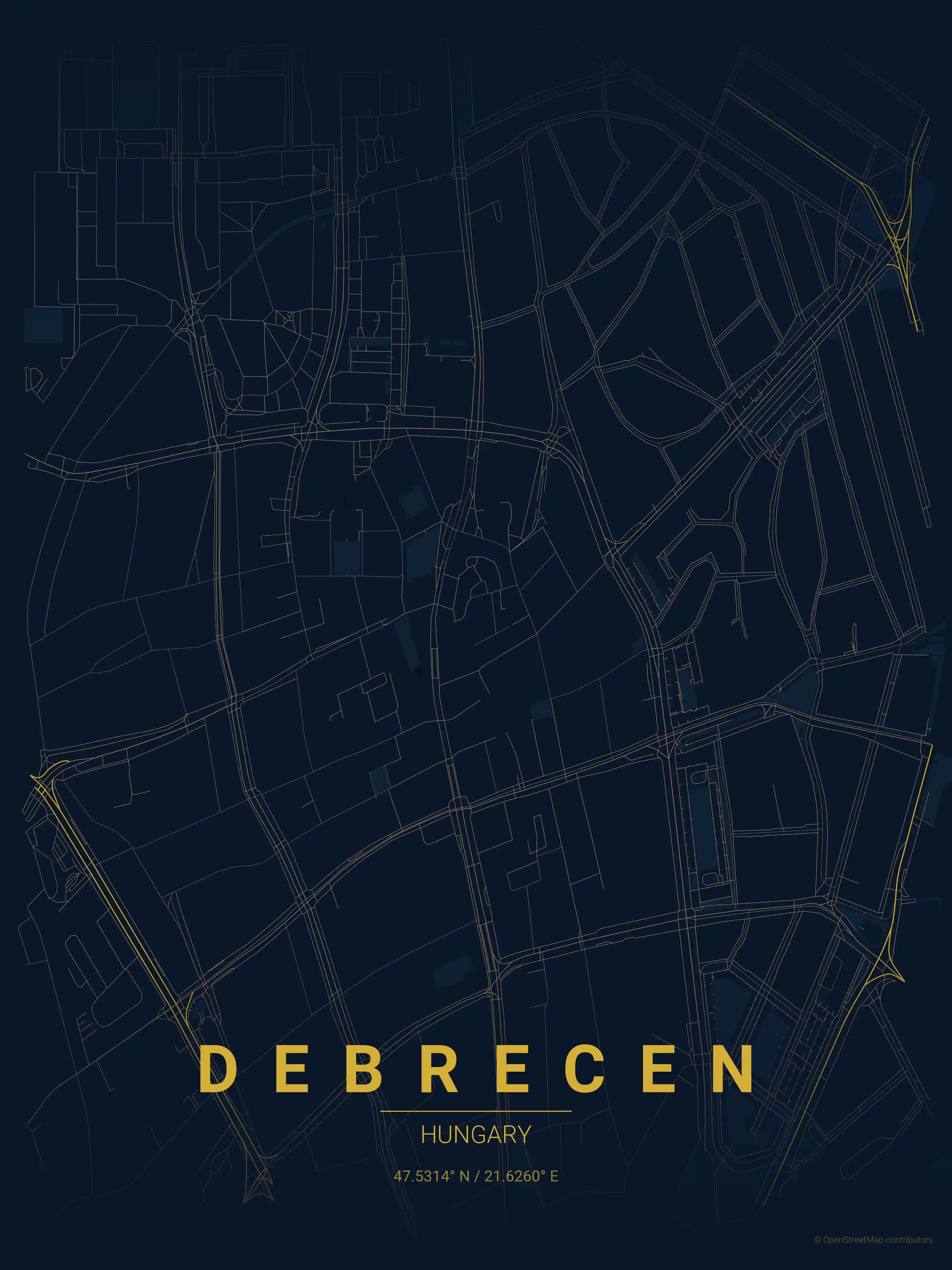 Minimalist midnight_blue street map of Debrecen, Hungary - Urban grid art