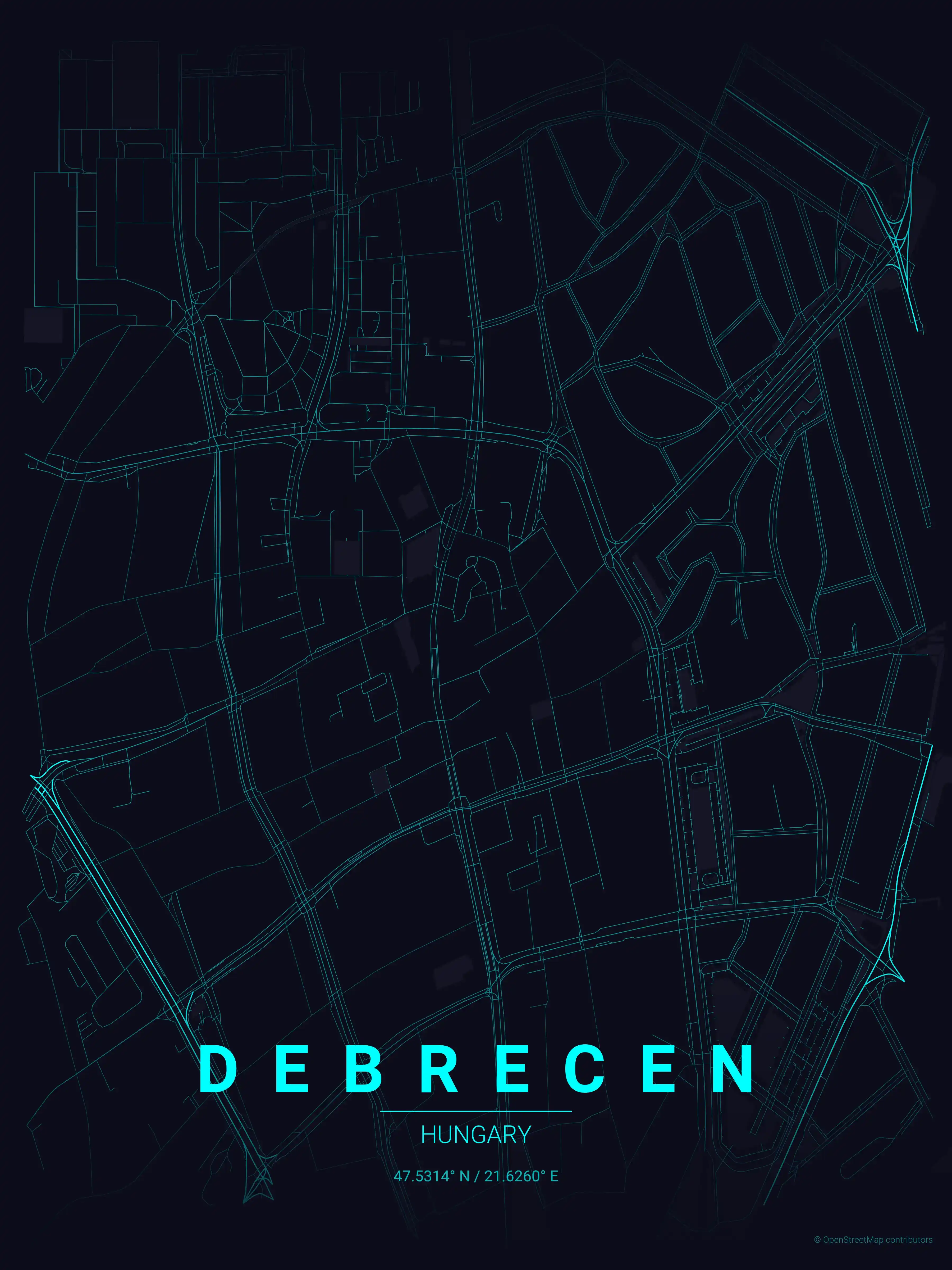 Minimalist neon_cyberpunk street map of Debrecen, Hungary - Urban grid art