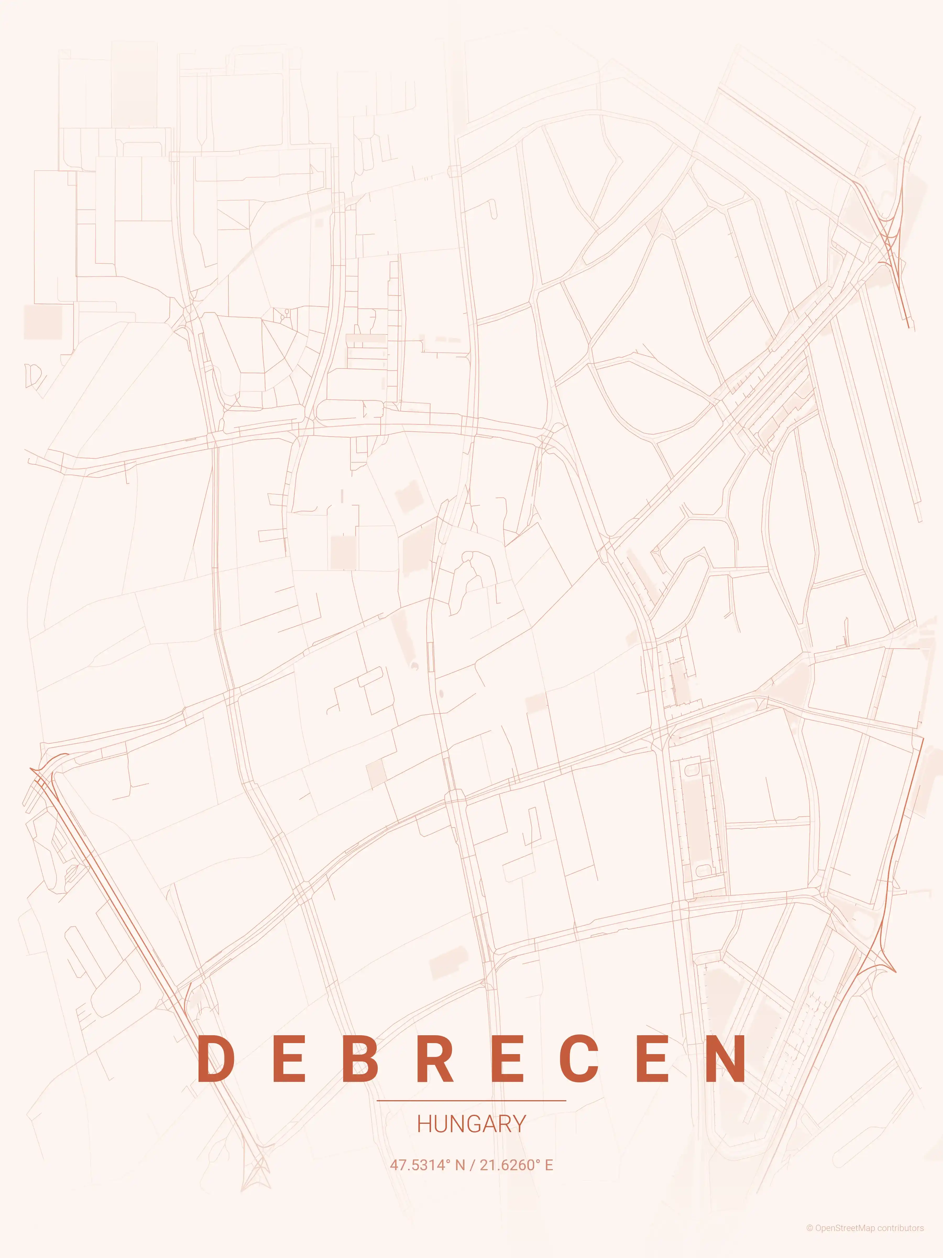 Minimalist sunset street map of Debrecen, Hungary - Urban grid art