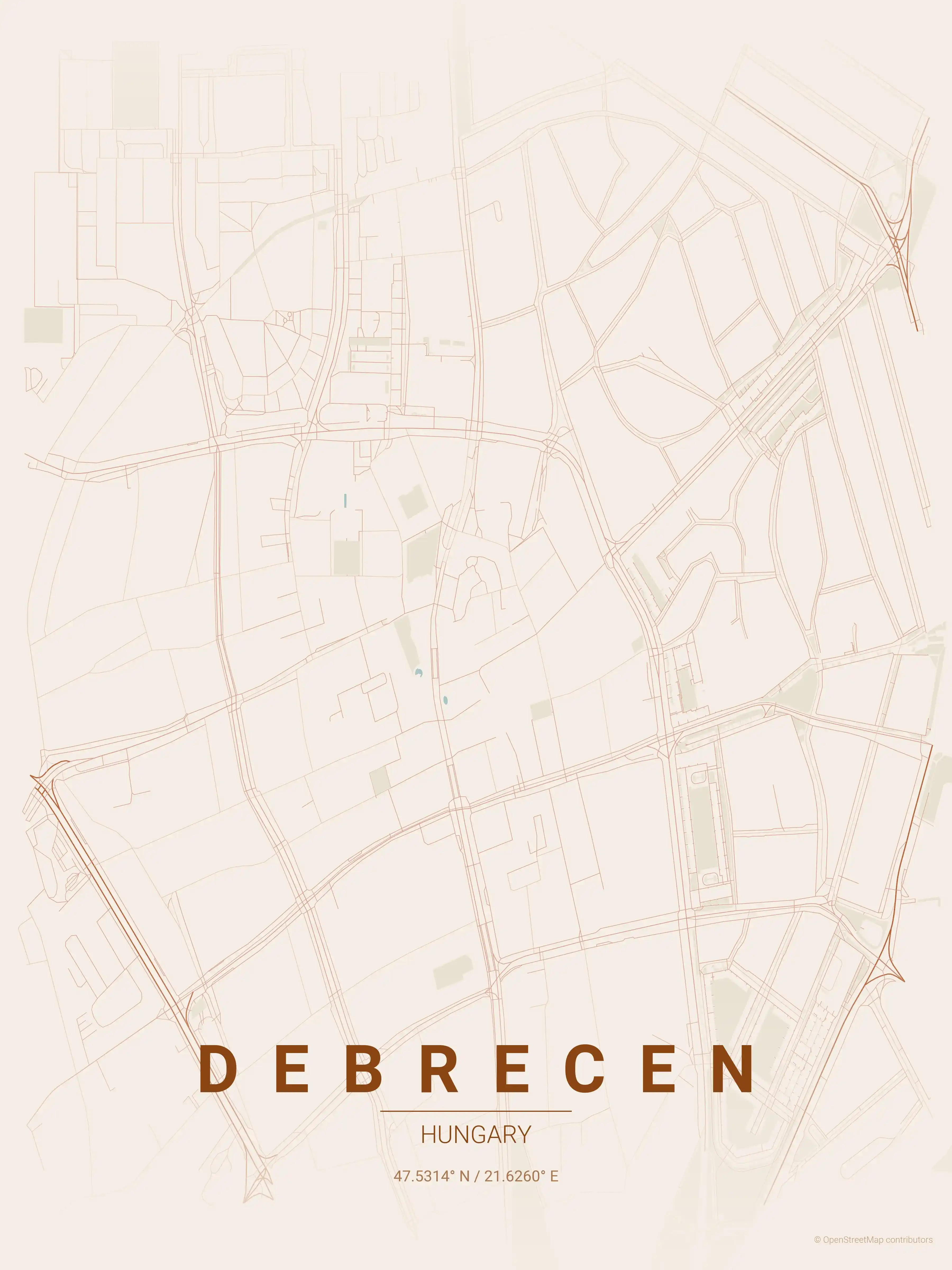Minimalist terracotta street map of Debrecen, Hungary - Urban grid art