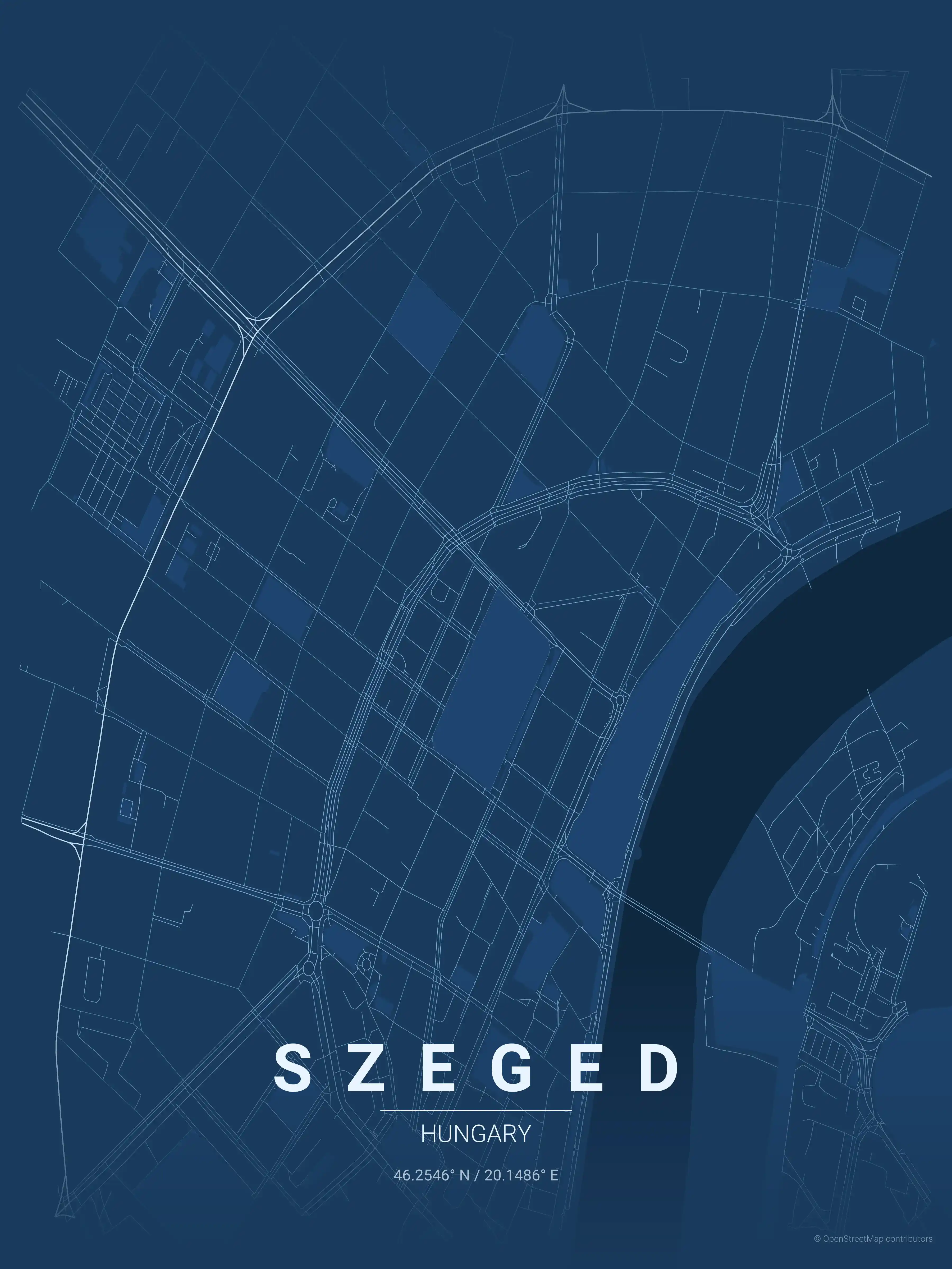 Minimalist blueprint street map of Szeged, Hungary - Urban grid art