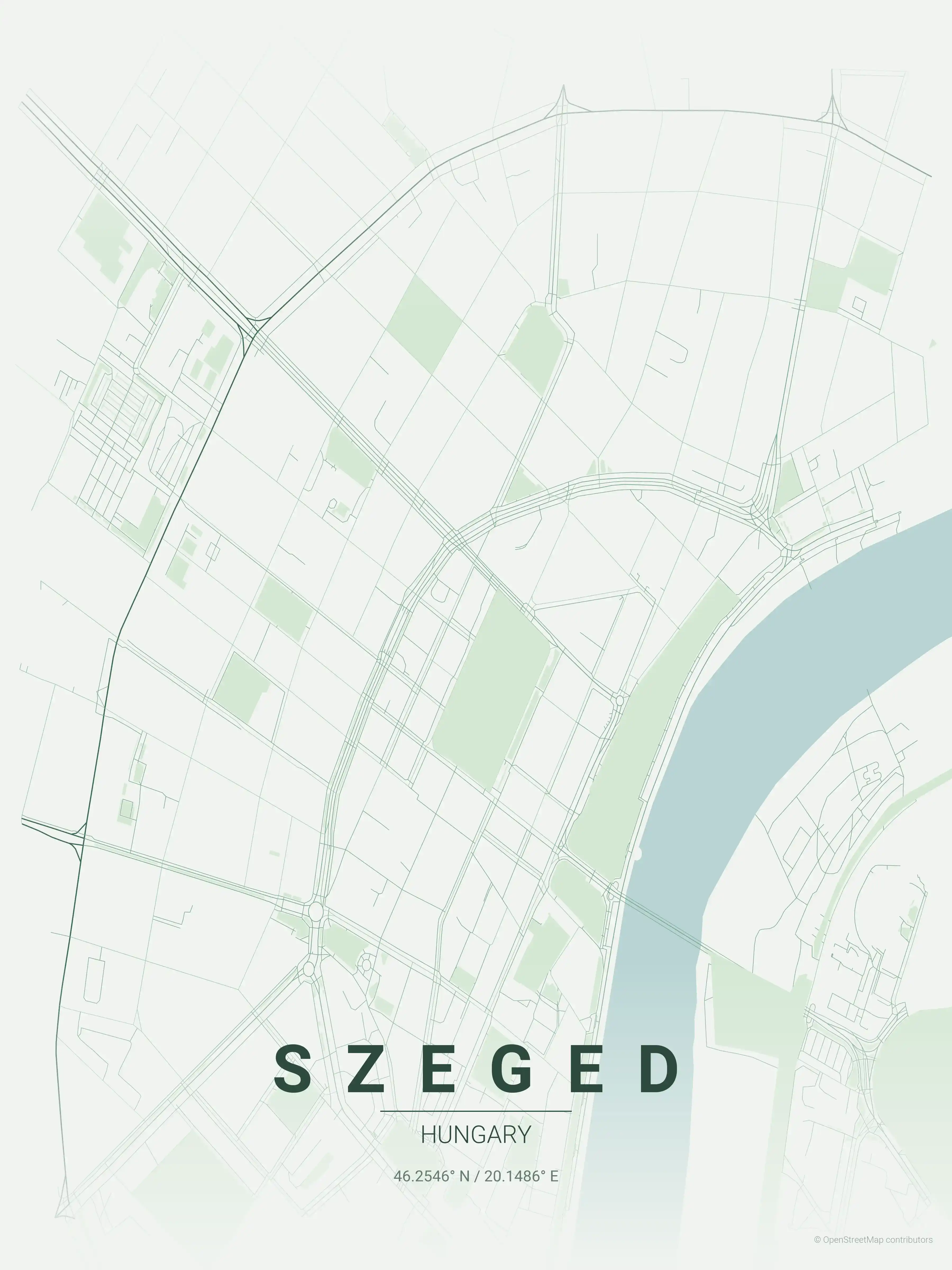 Minimalist forest street map of Szeged, Hungary - Urban grid art