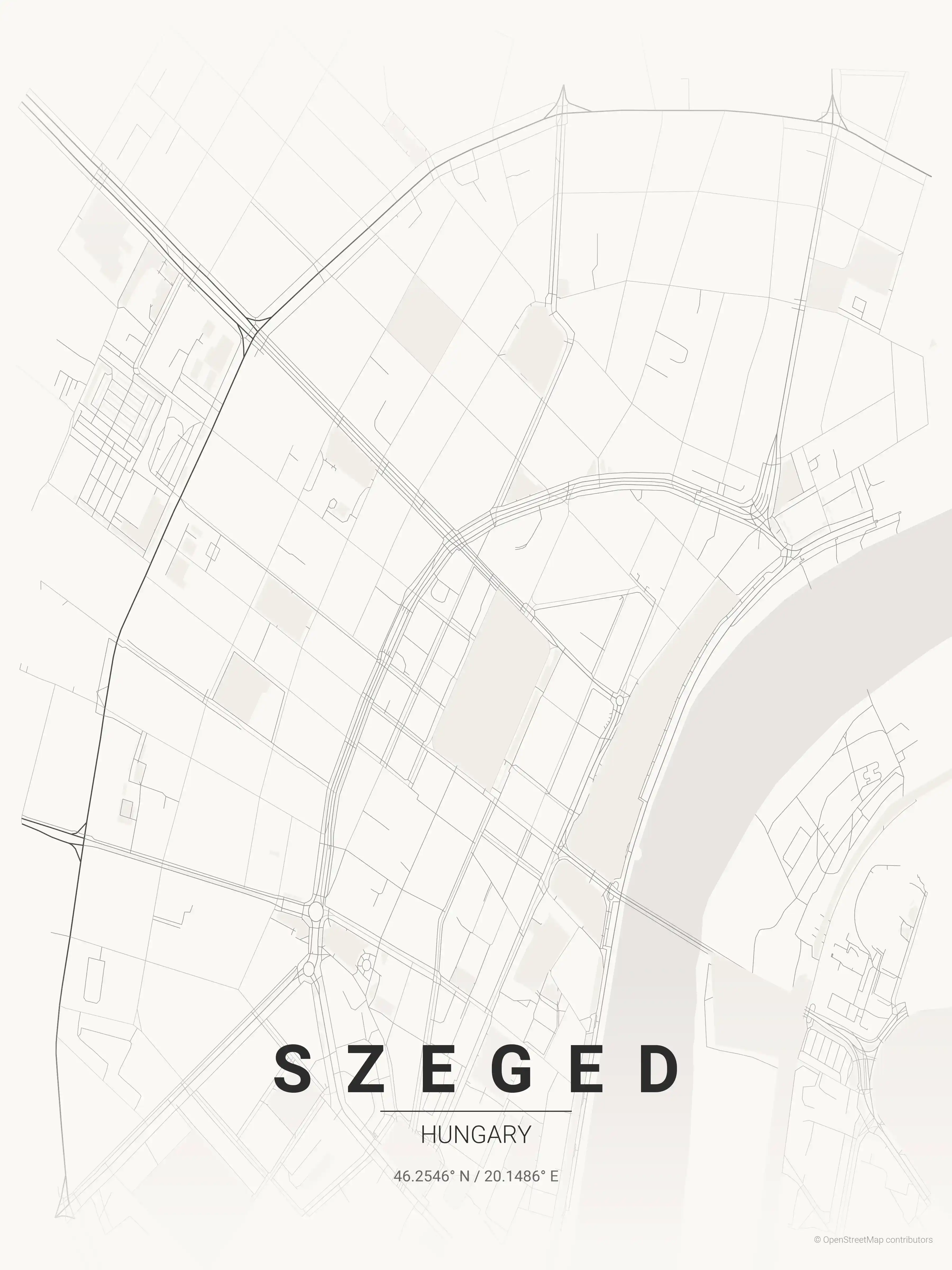 Minimalist japanese_ink street map of Szeged, Hungary - Urban grid art