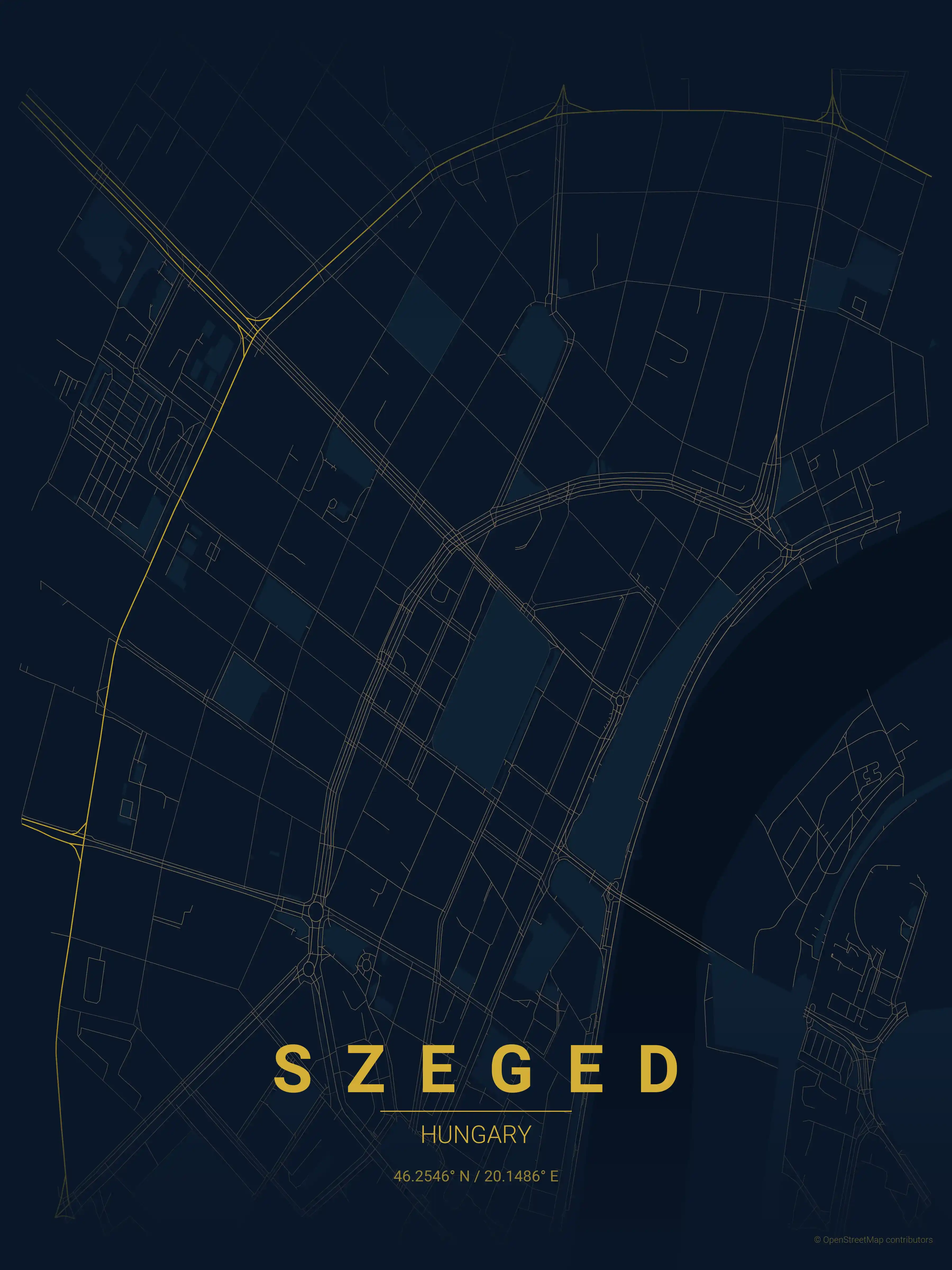 Minimalist midnight_blue street map of Szeged, Hungary - Urban grid art