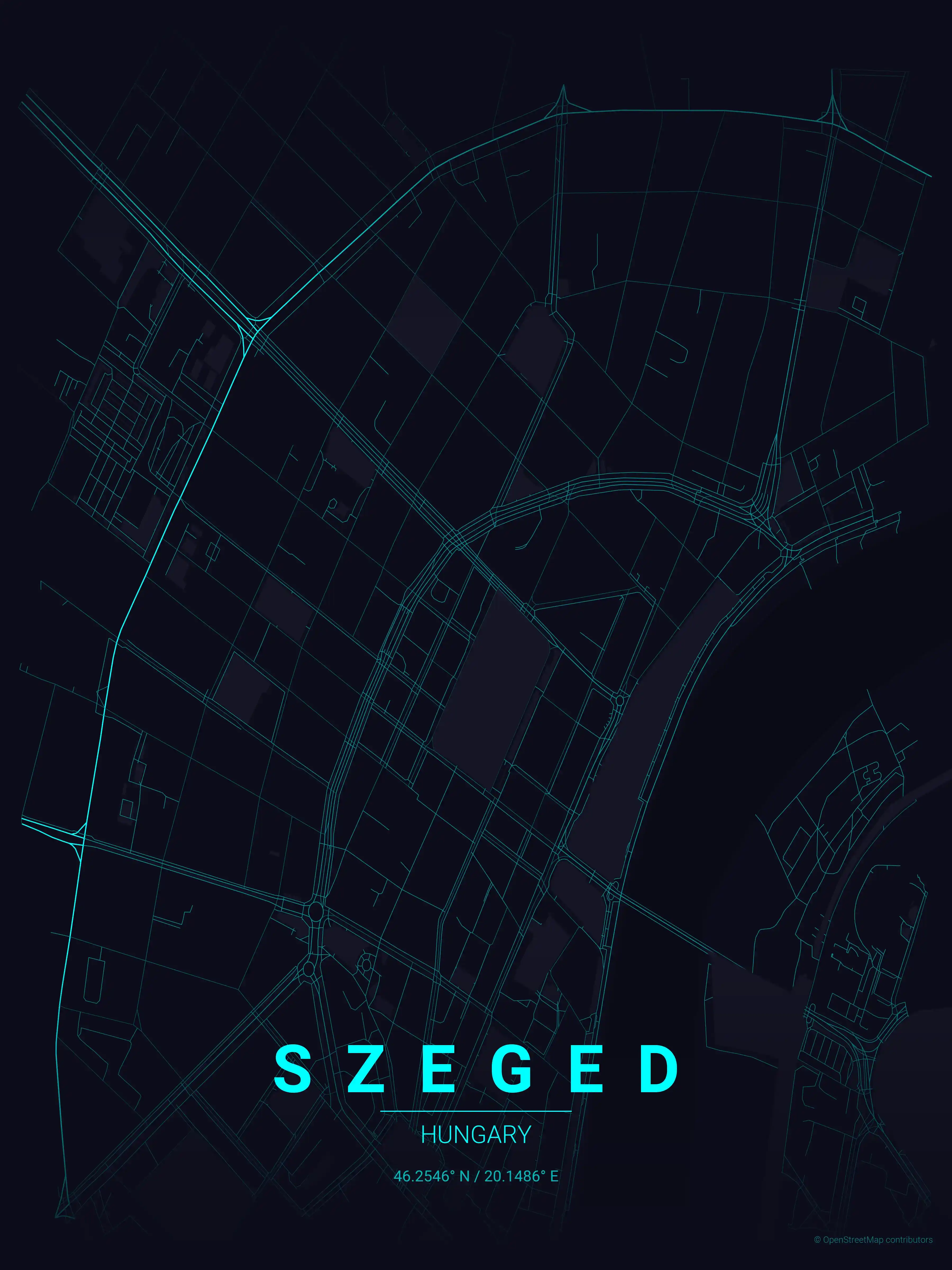 Minimalist neon_cyberpunk street map of Szeged, Hungary - Urban grid art