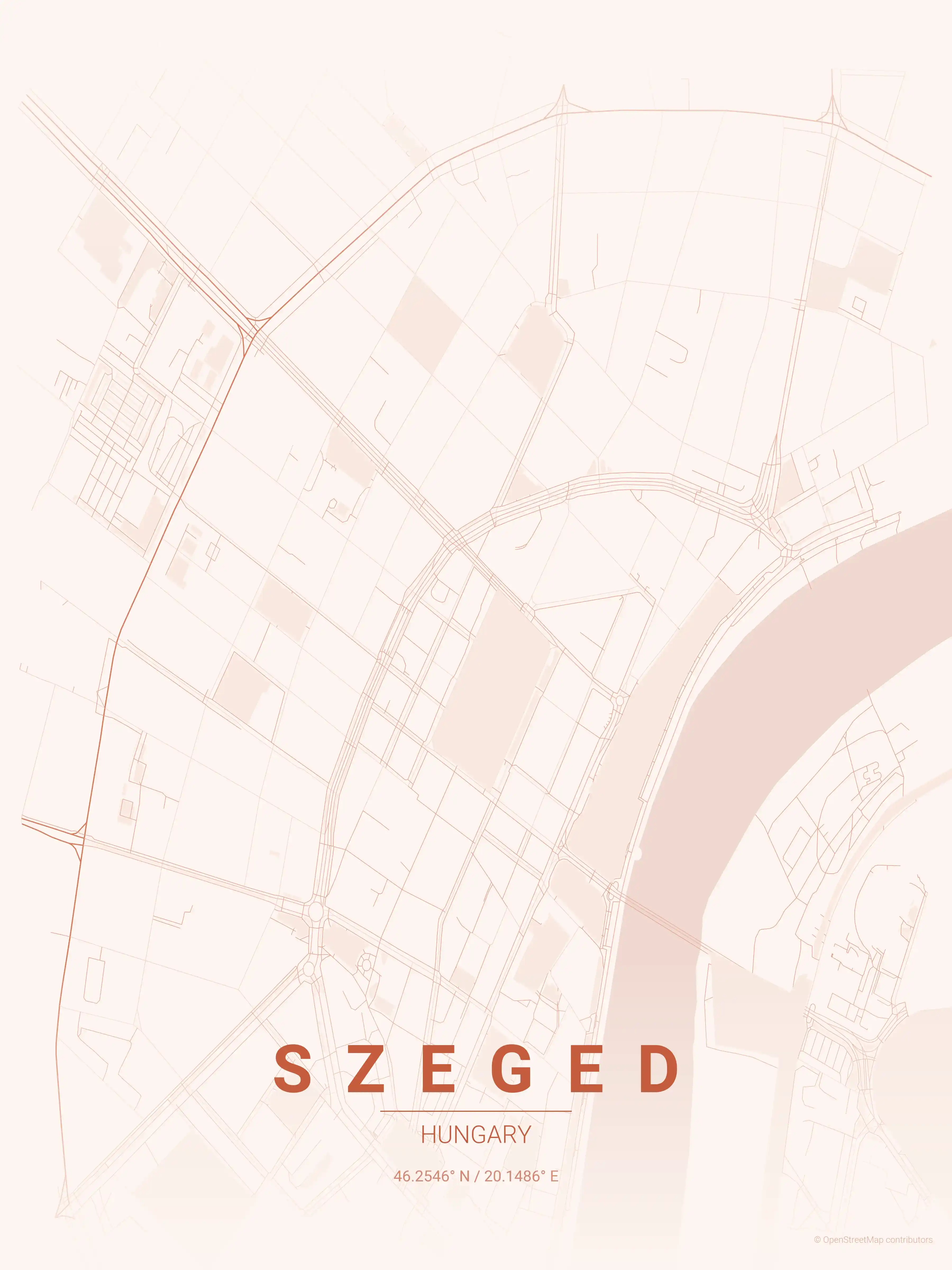 Minimalist sunset street map of Szeged, Hungary - Urban grid art