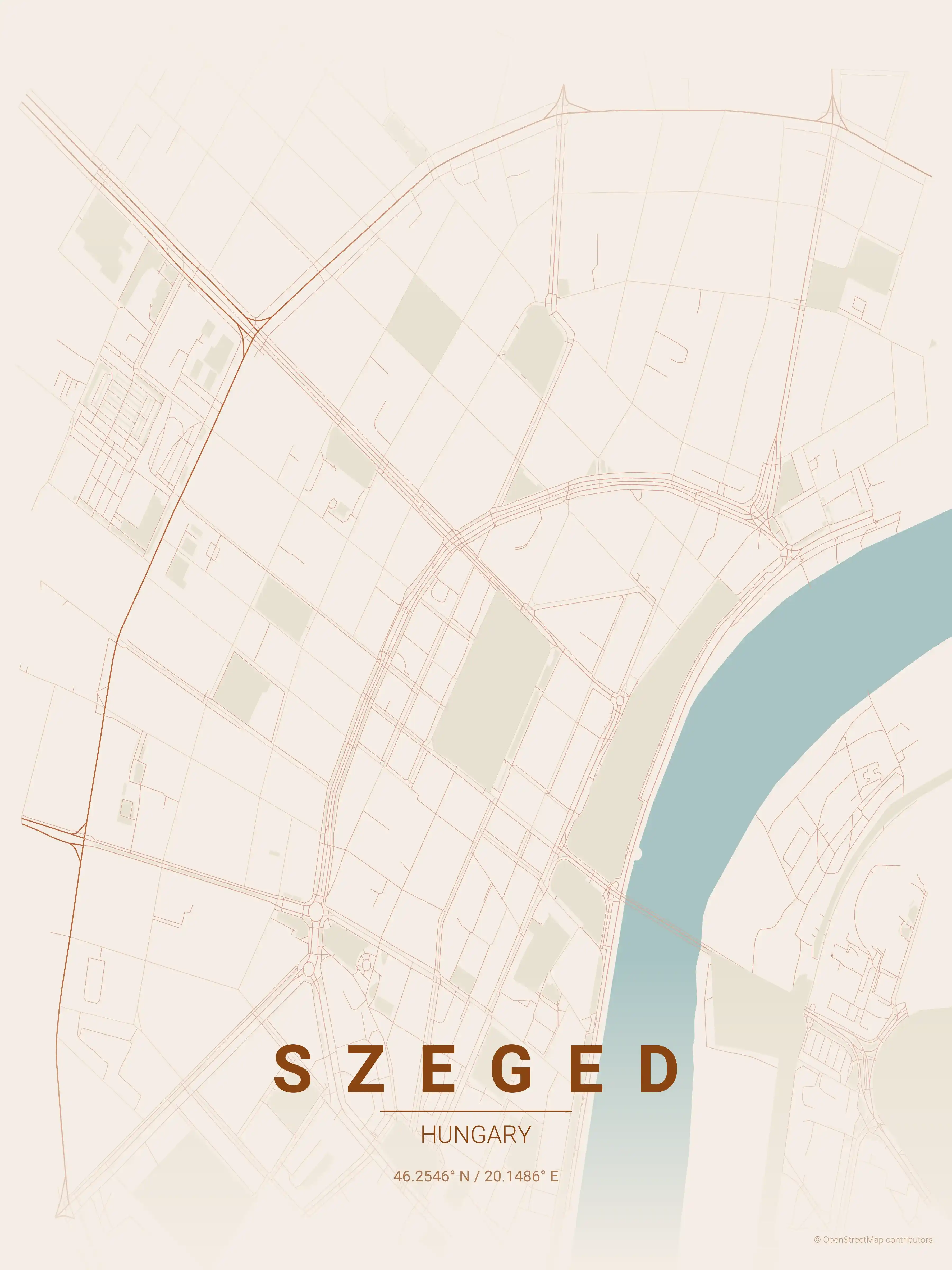 Minimalist terracotta street map of Szeged, Hungary - Urban grid art