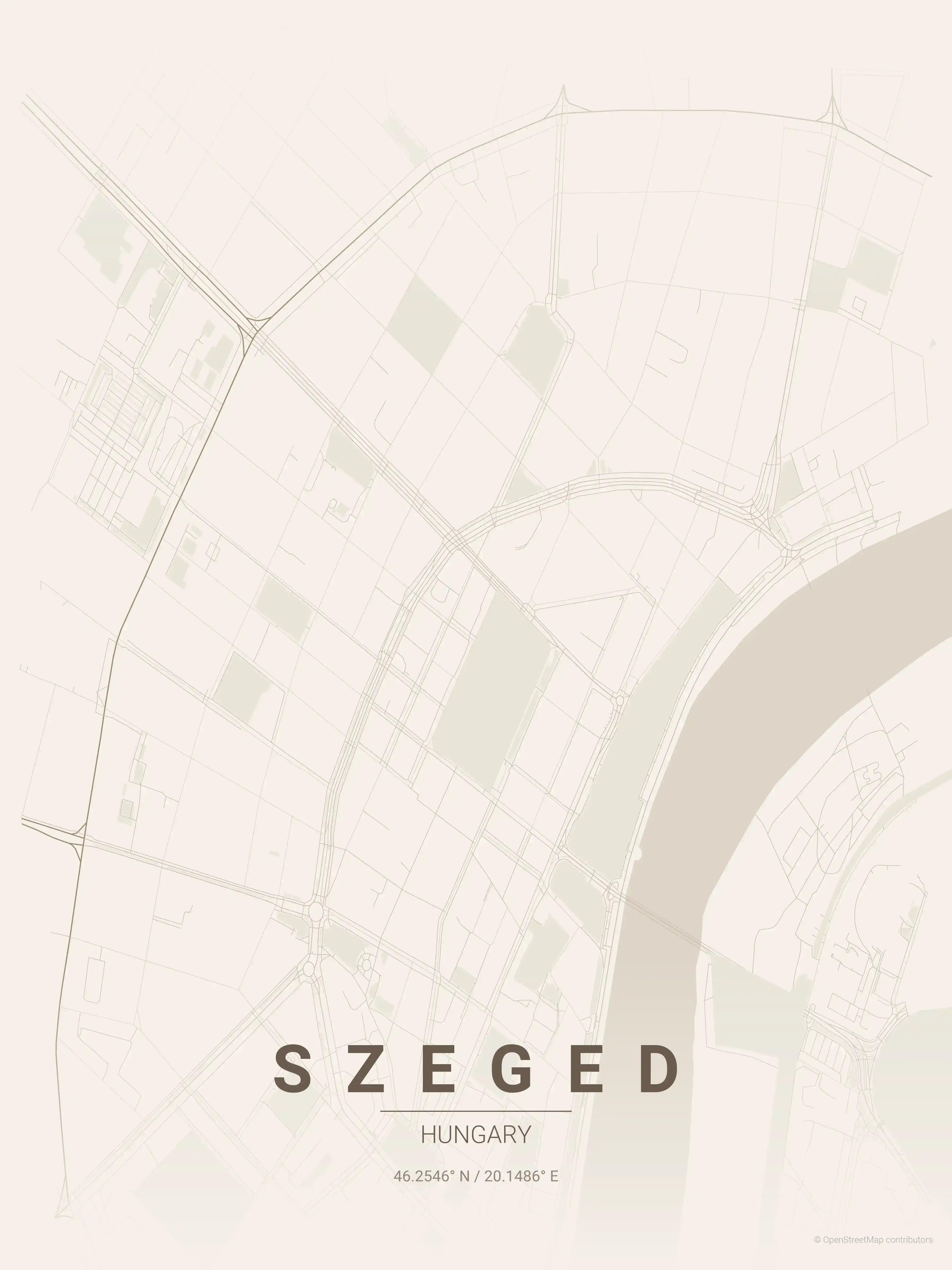 Minimalist warm_beige street map of Szeged, Hungary - Urban grid art